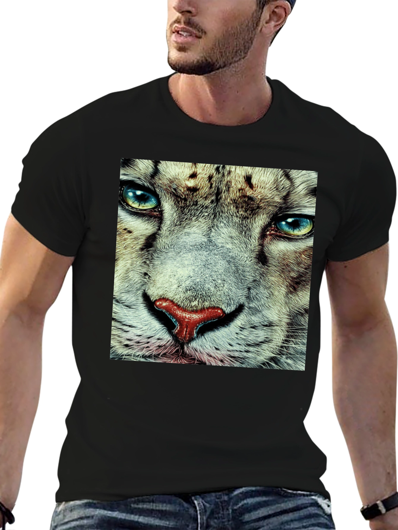 Black Snow Leopard Face Graphic T-Shirt - Black view 6