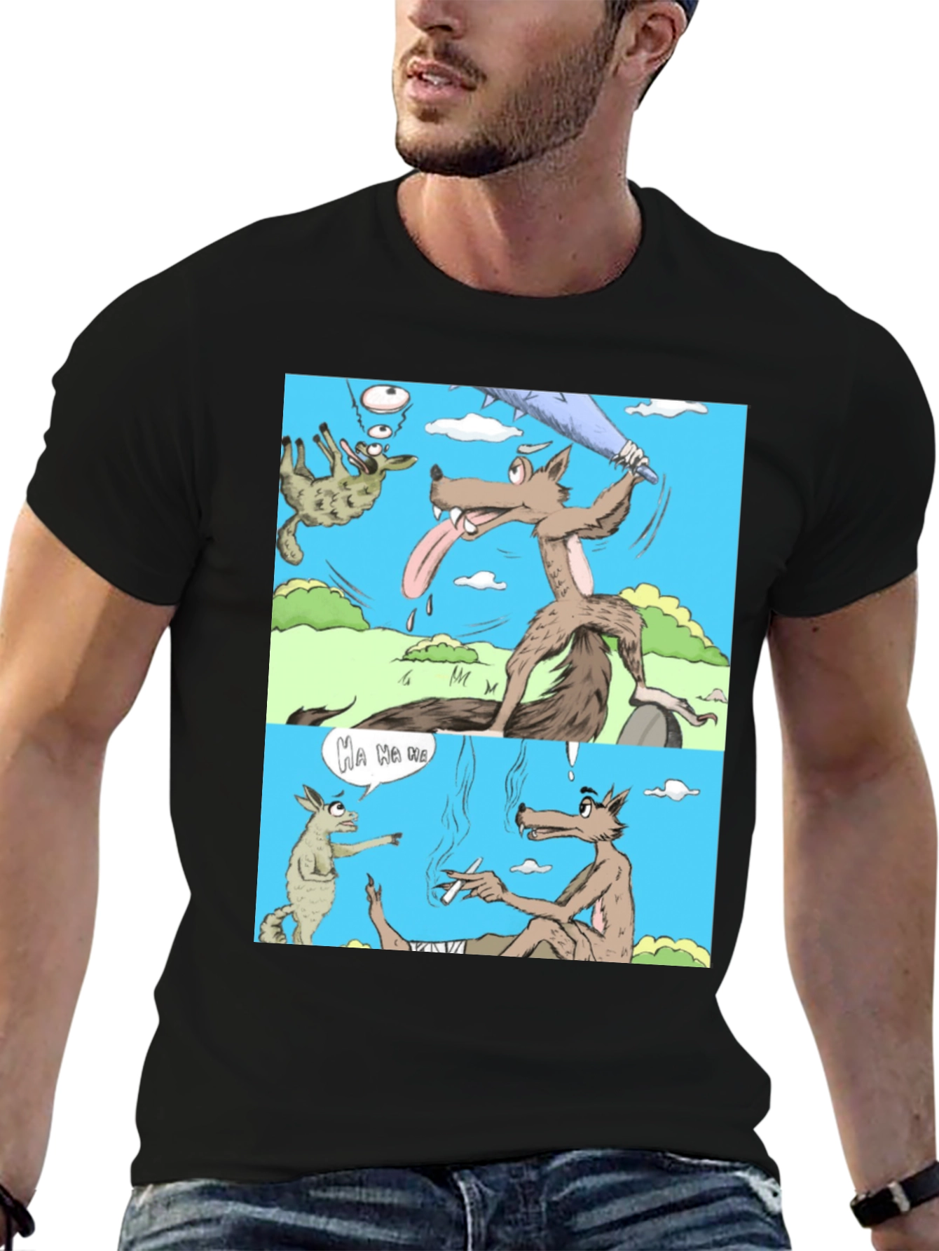Black Cartoon Wolf Graphic T-Shirt, Humor Tee view 6