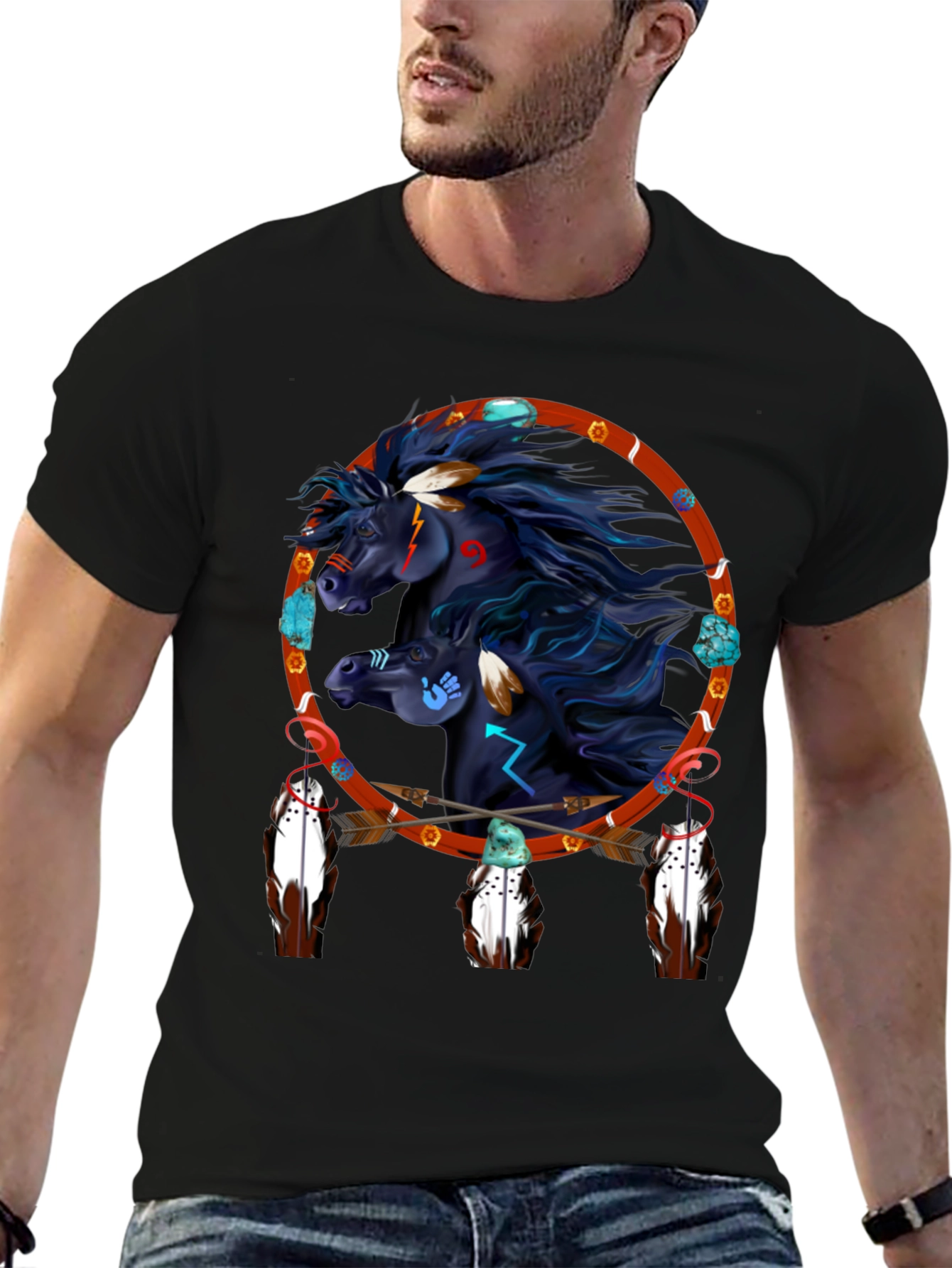 Black Native American Horse Dreamcatcher Graphic Tee view 6