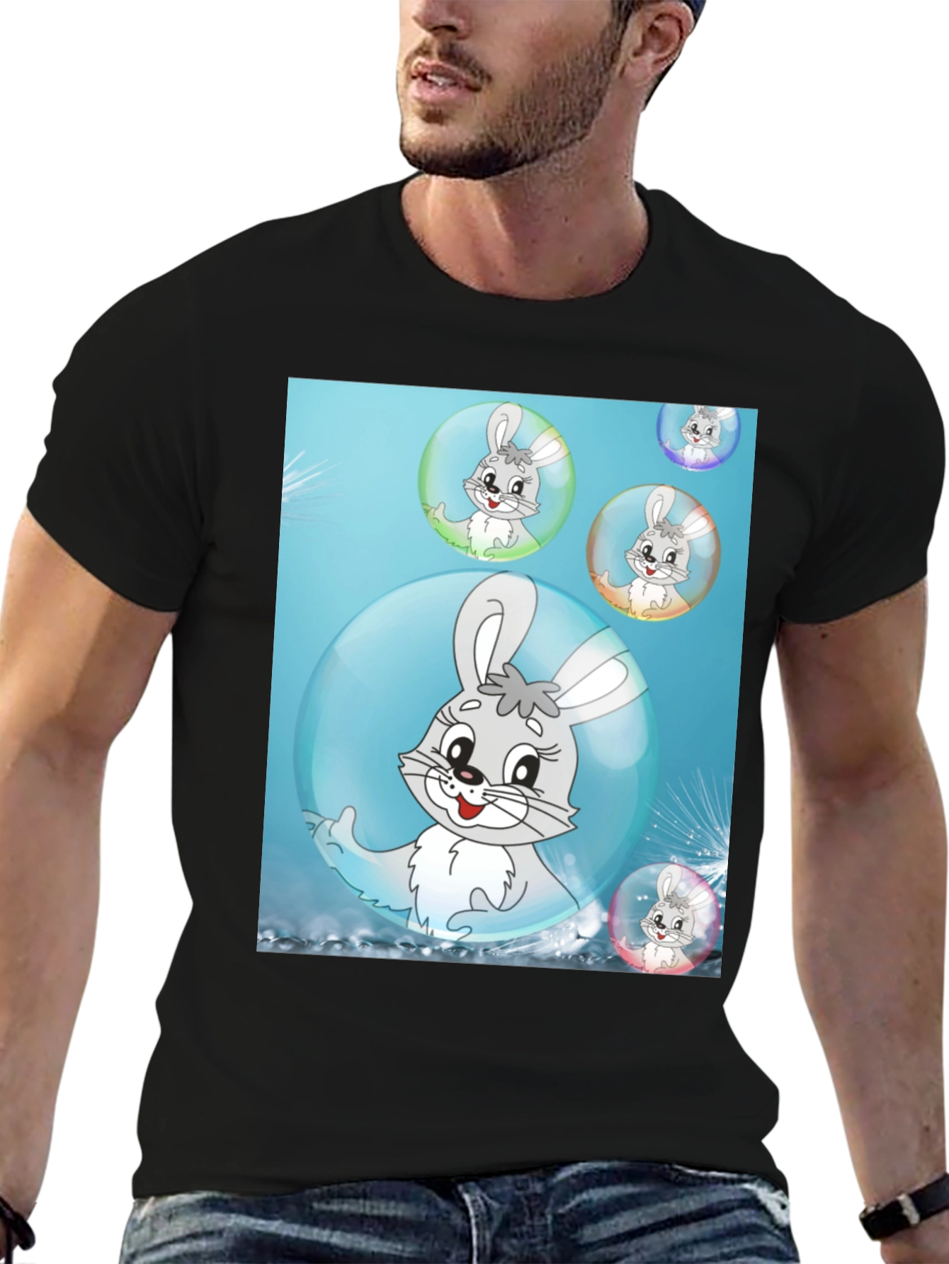 Black Cute Bunny Bubble T-Shirt - Fun Cartoon Design view 6