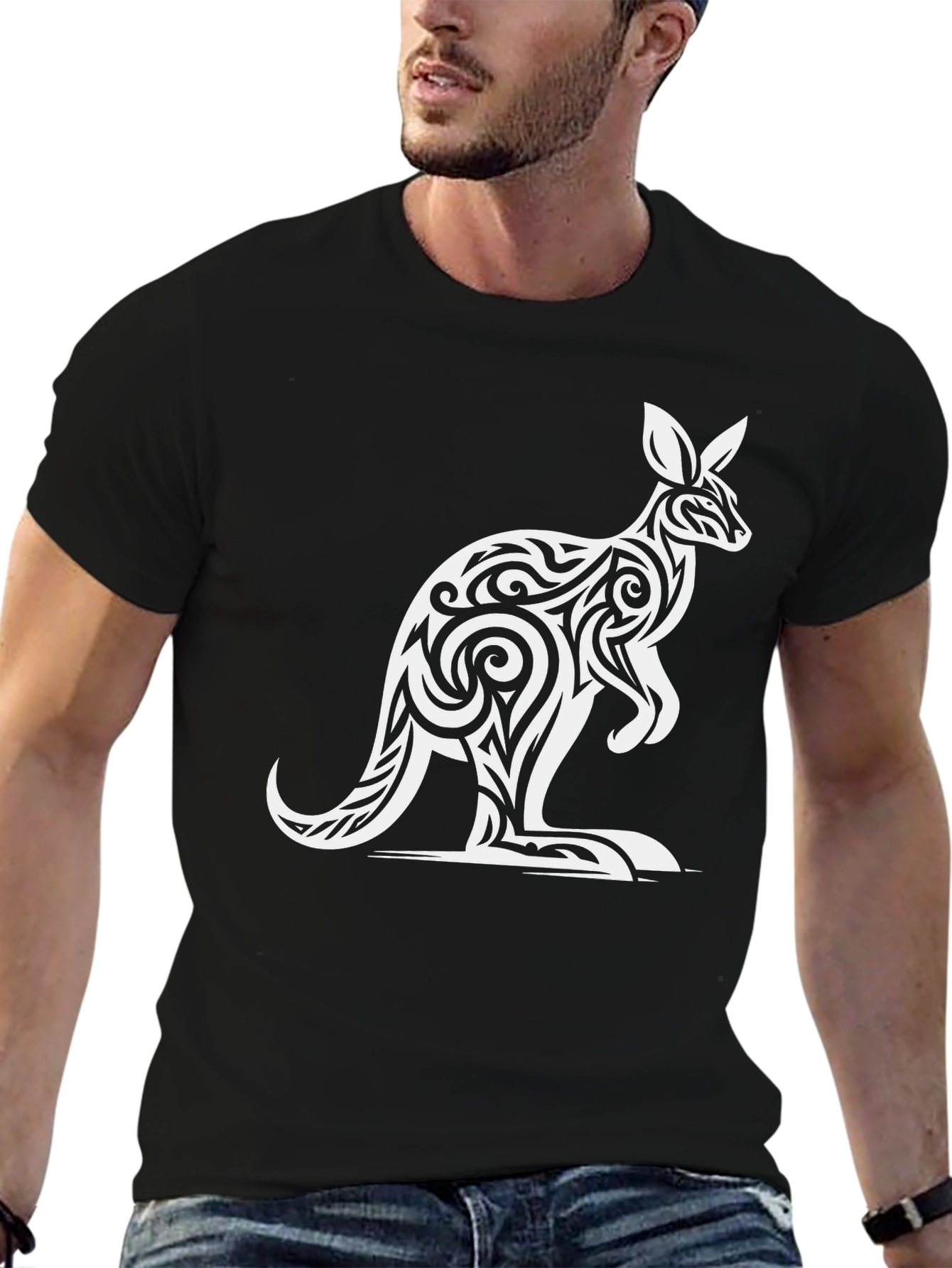 Black Tribal Kangaroo Graphic Tee - Black Cotton T-Shirt view 6