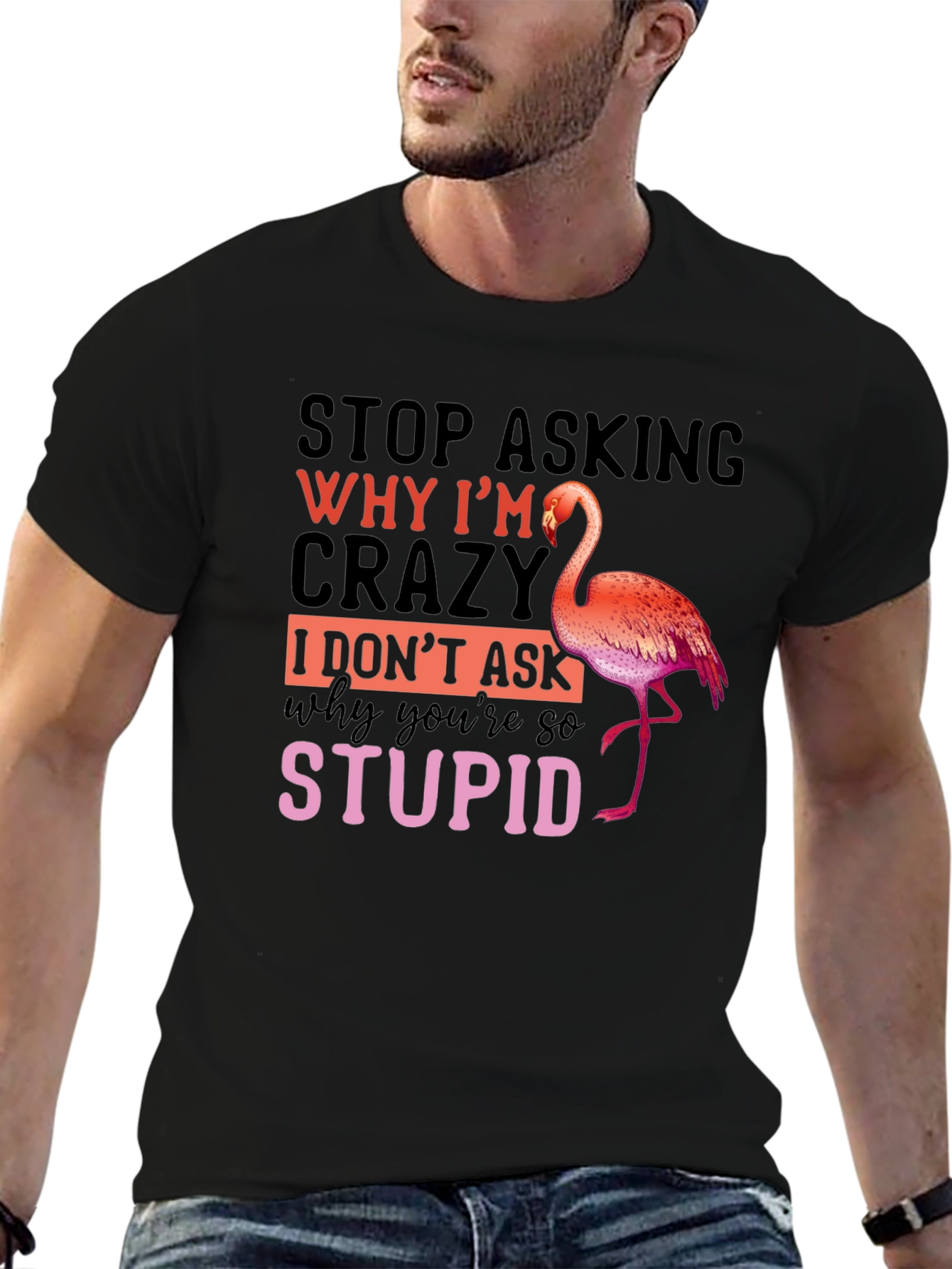 Black Funny Flamingo Crazy Stupid T-Shirt view 6