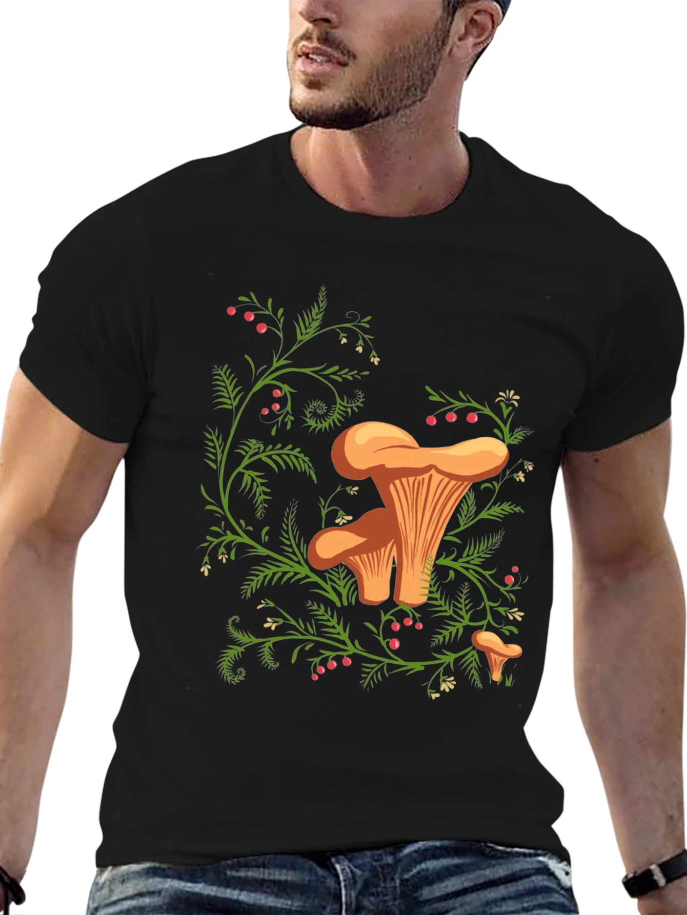 Black Chanterelle Mushroom Print Black T-Shirt view 6