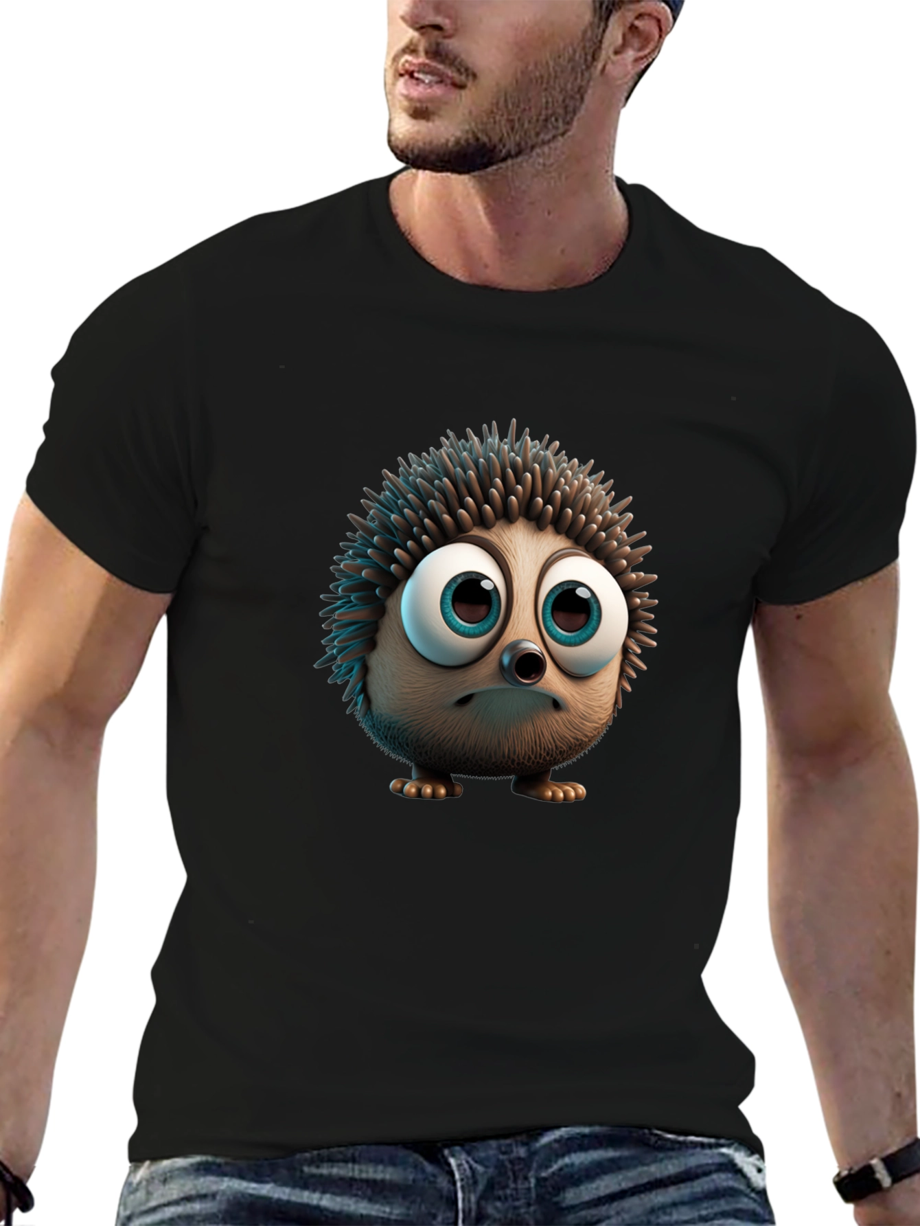 Black Cute Hedgehog Graphic Tee - Soft Black Cotton view 6