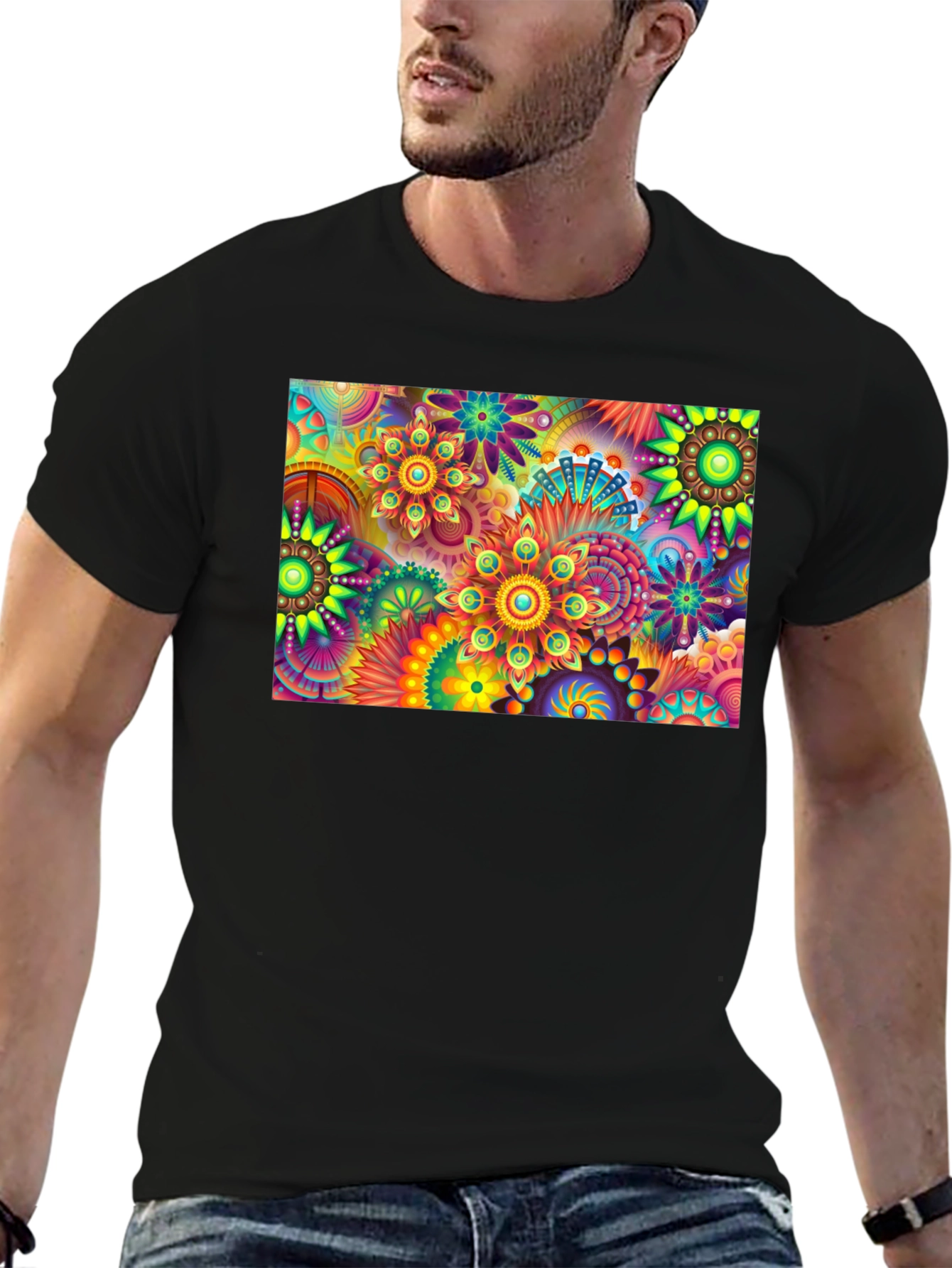 Black Vibrant Floral Print Black T-Shirt view 6