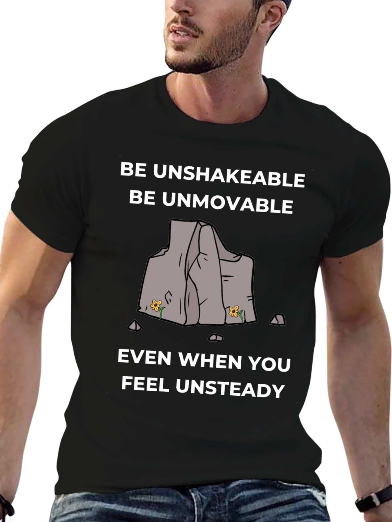 Black Unshakeable Tee: Motivational Graphic Print Shirt view 6