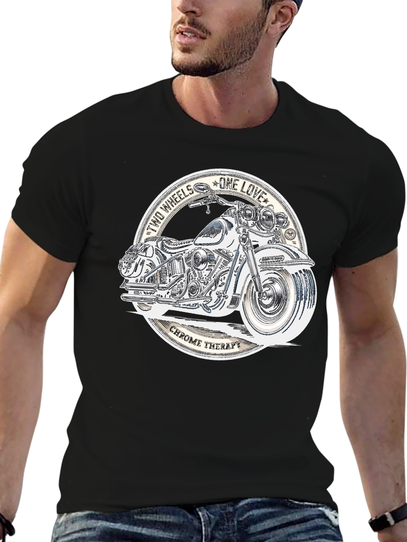 Black Two Wheels One Love Motorcycle Graphic T-Shirt view 6