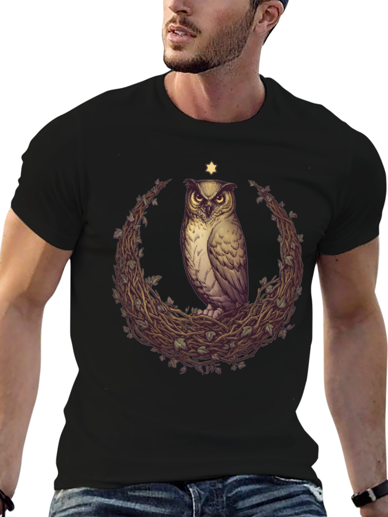 Black Owl & Star Graphic Tee - Unisex Black T-Shirt view 6