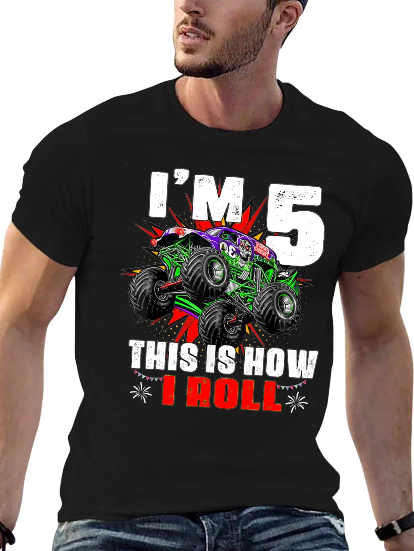 Black I'm 5 This Is How I Roll Monster Truck T-Shirt view 6