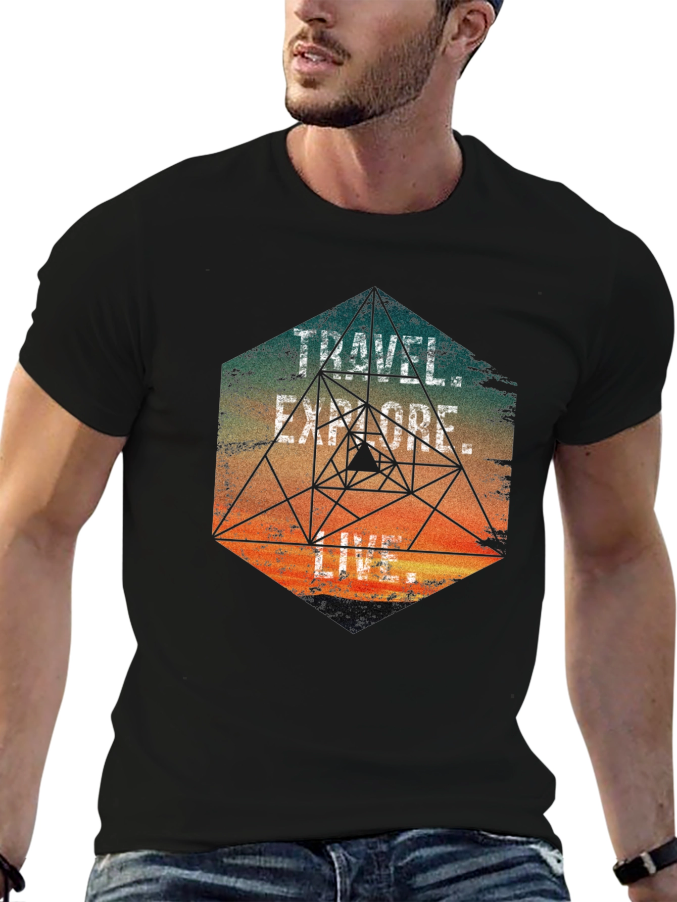 Black Travel Explore Live Men's Graphic T-Shirt view 6