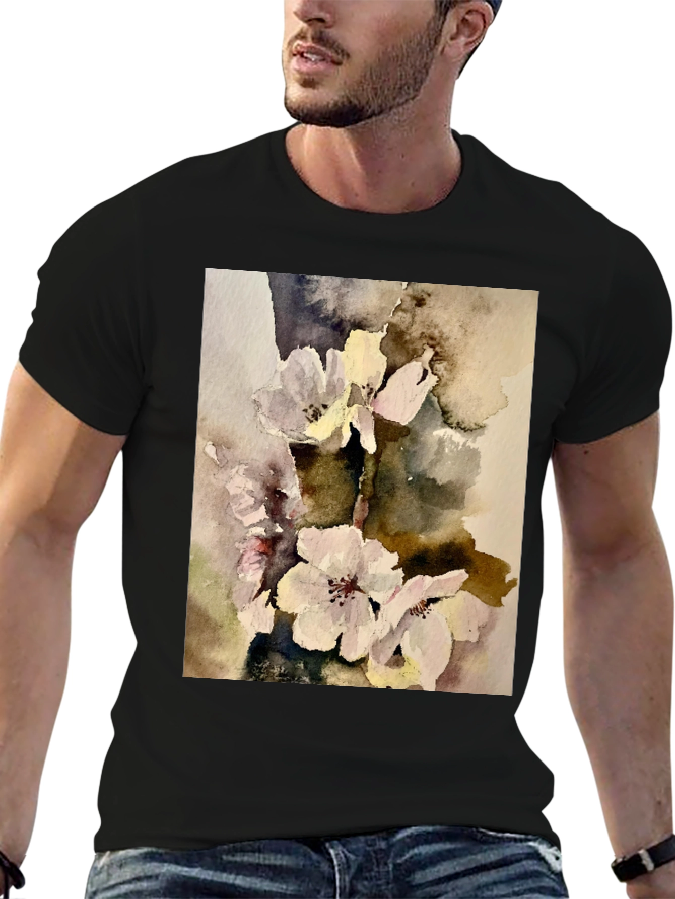 Black Floral Watercolor Print T-Shirt view 6