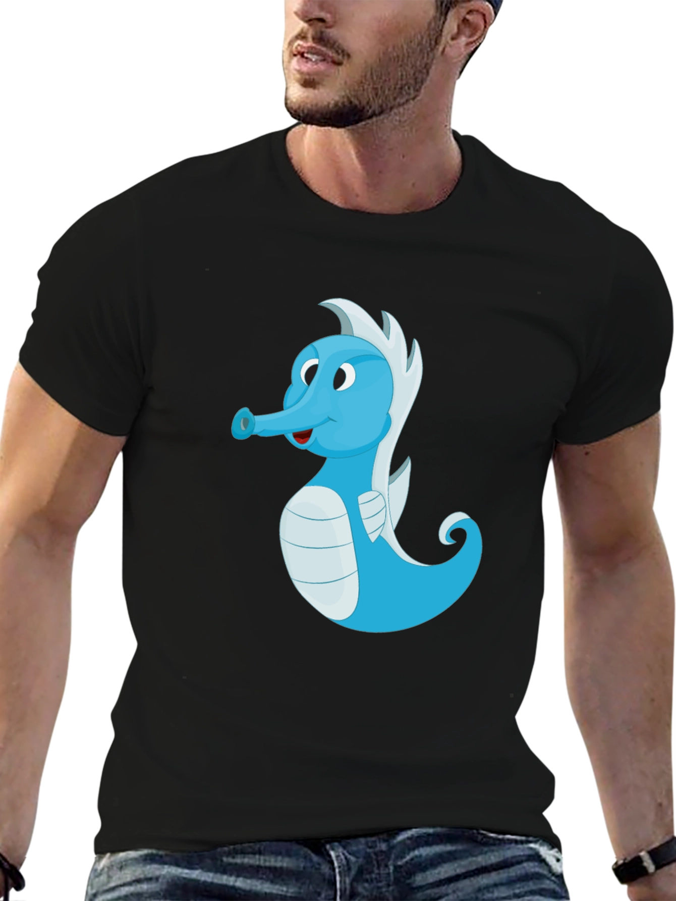Black Cute Blue Seahorse Graphic Tee - Unisex Black T-Shirt view 6