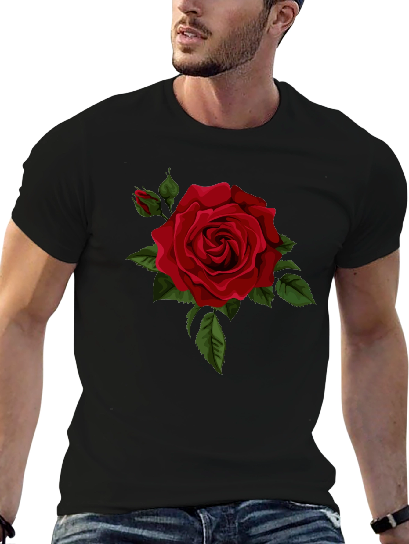 Black Red Rose Graphic Tee - Classic Black Cotton T-Shirt view 6