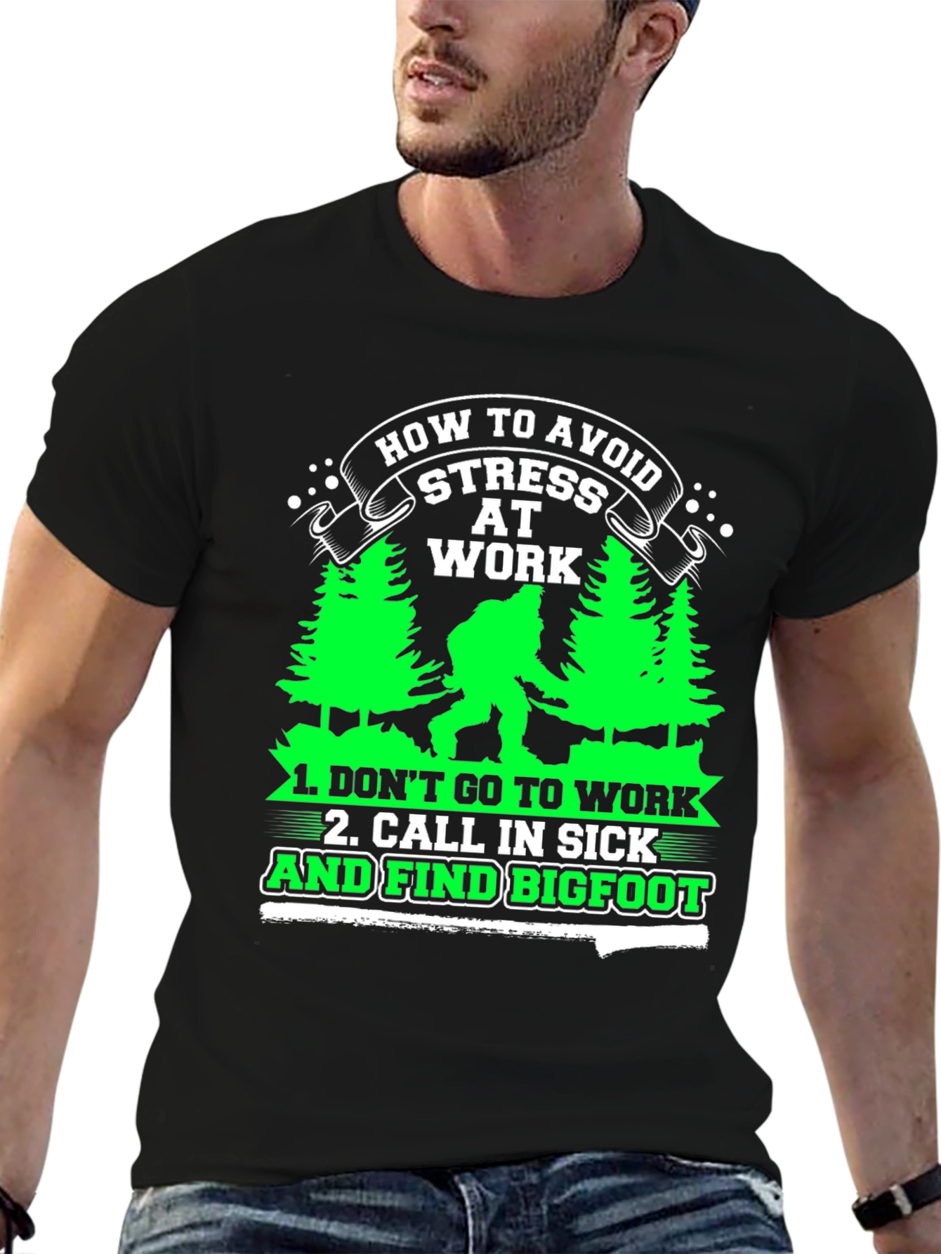 Black Avoid Stress at Work Bigfoot Graphic Tee view 6