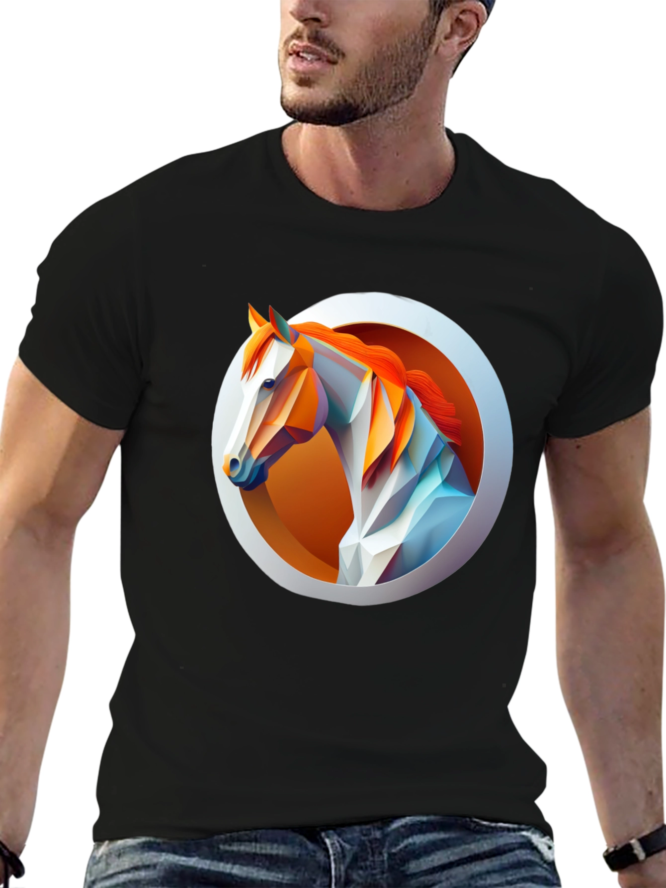 Black Geometric Horse Graphic Tee - Men's Black T-Shirt view 6