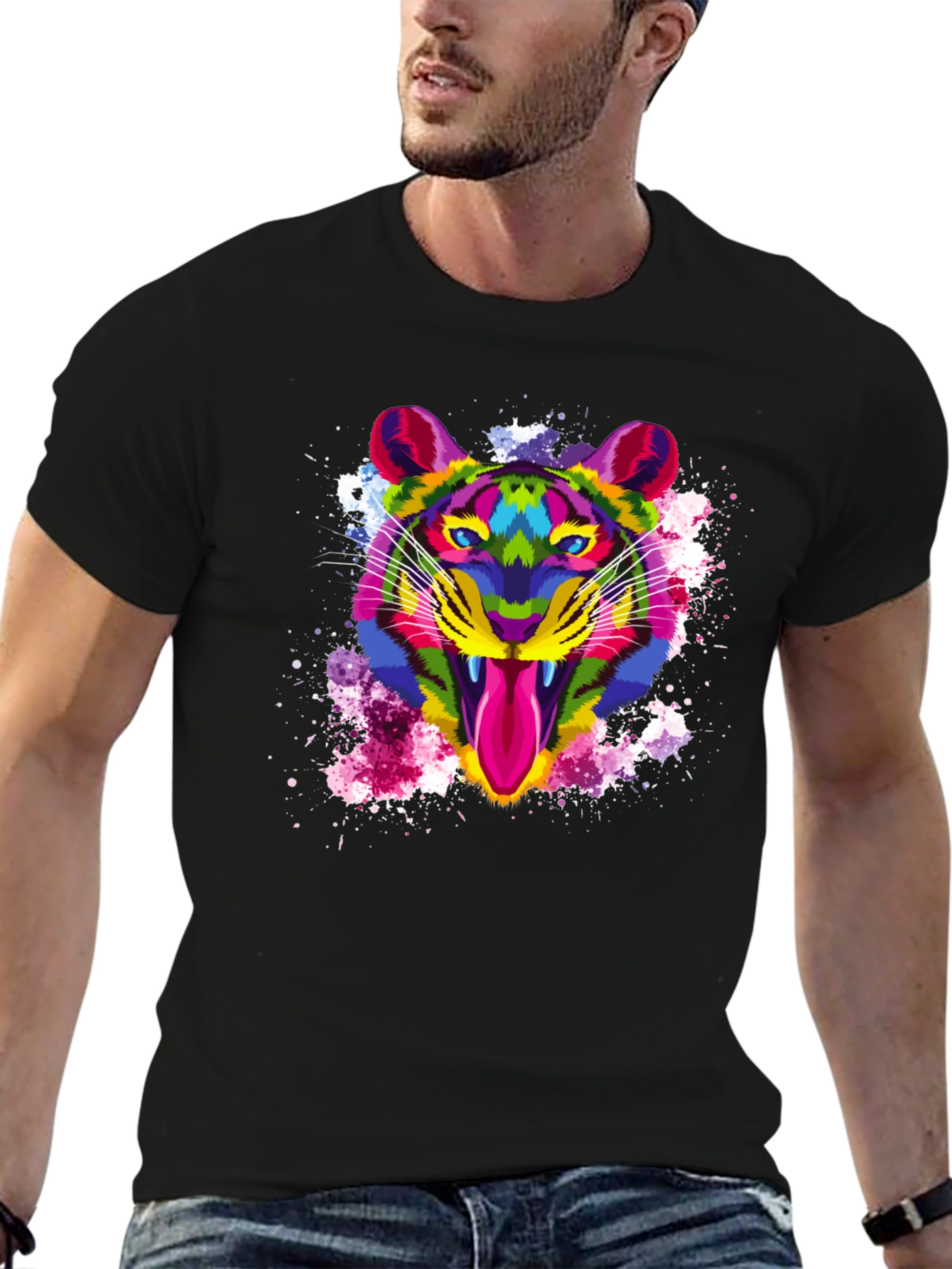 Black Colorful Tiger Graphic Print Men's Black T-Shirt view 6