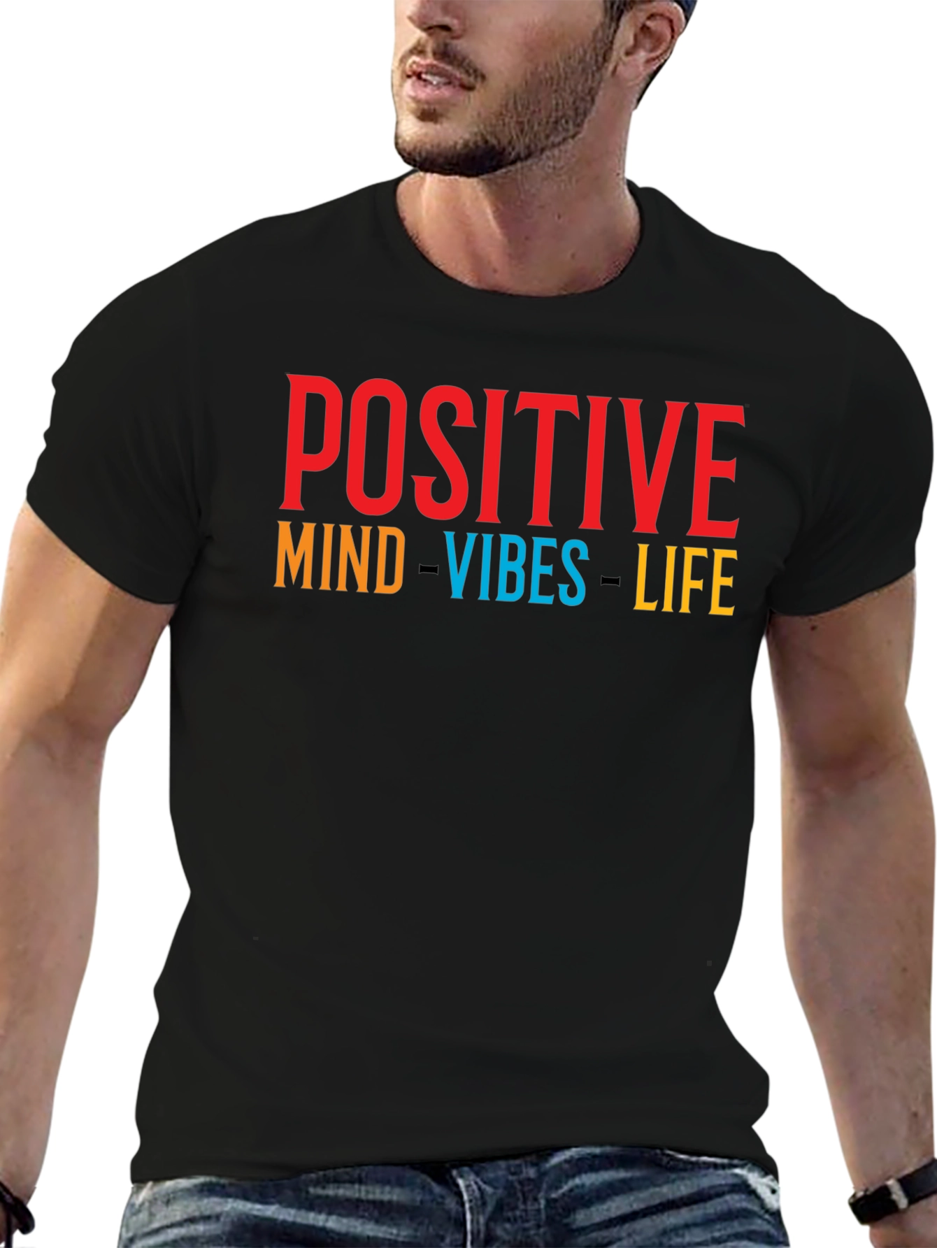 Black Positive Vibes T-Shirt - Graphic Print Crew Neck Tee view 6