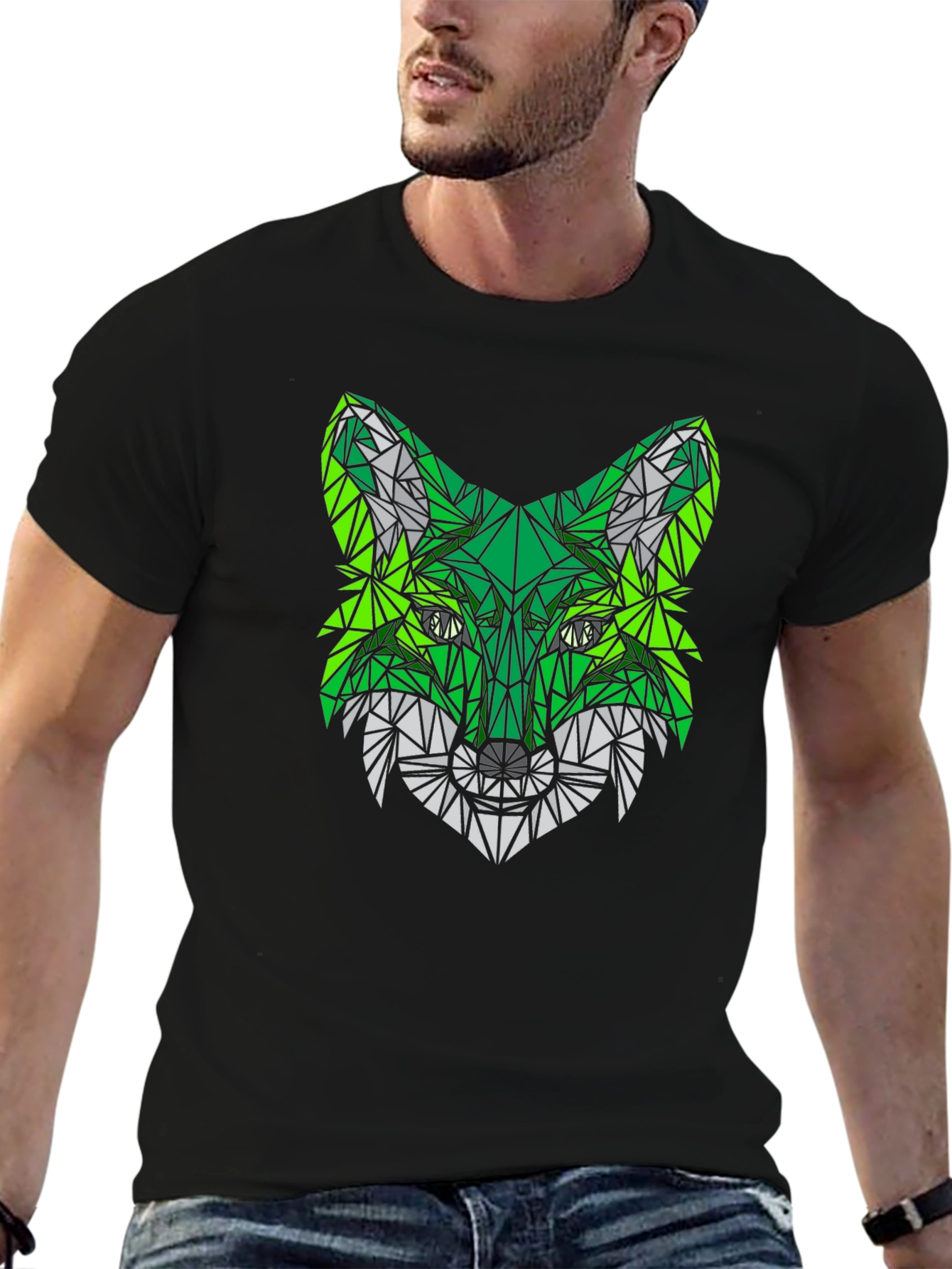 Black Geometric Fox Head Black T-Shirt view 6