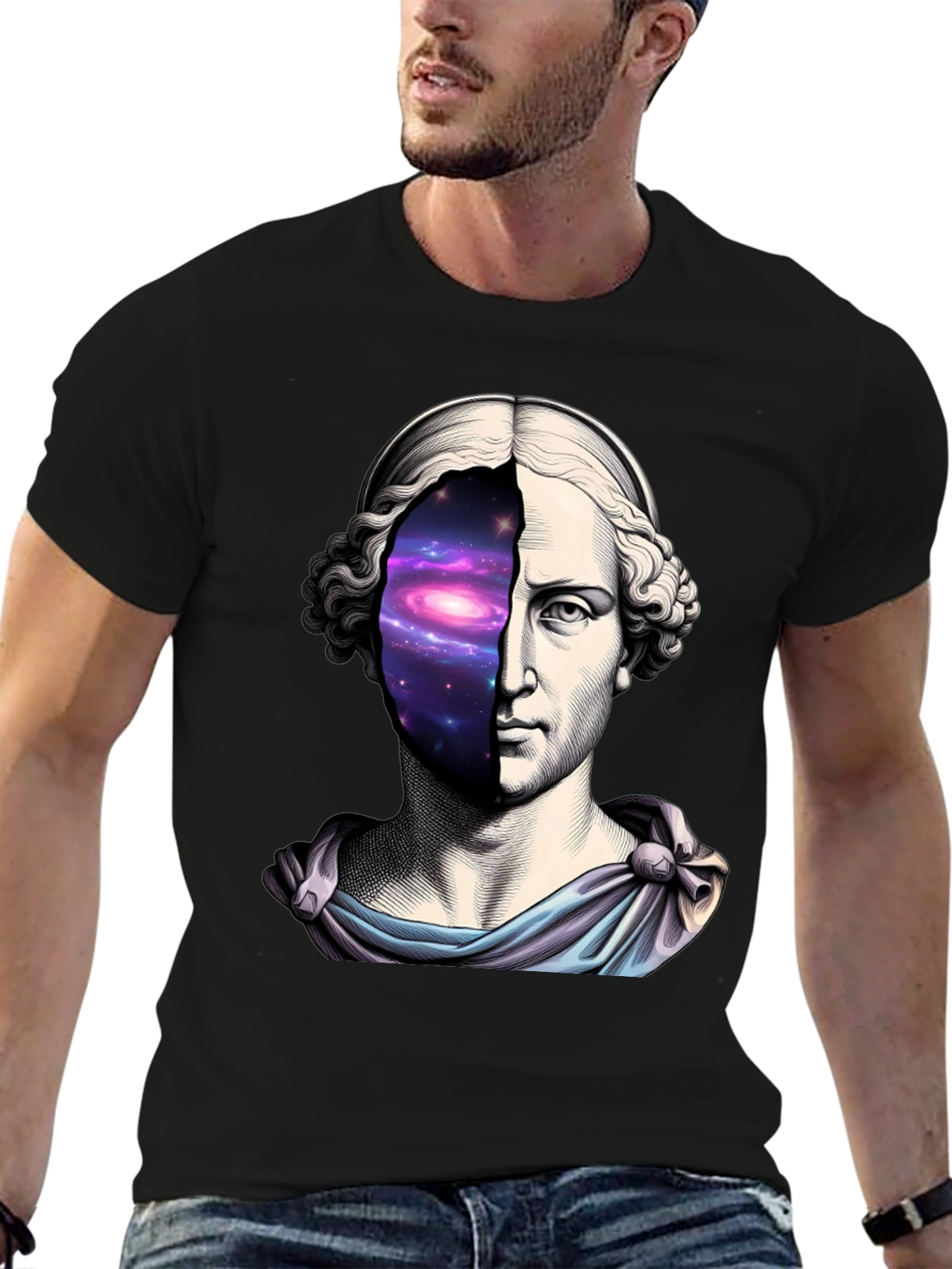 Black Galaxy Bust T-Shirt - Cosmic Artistic Tee view 6