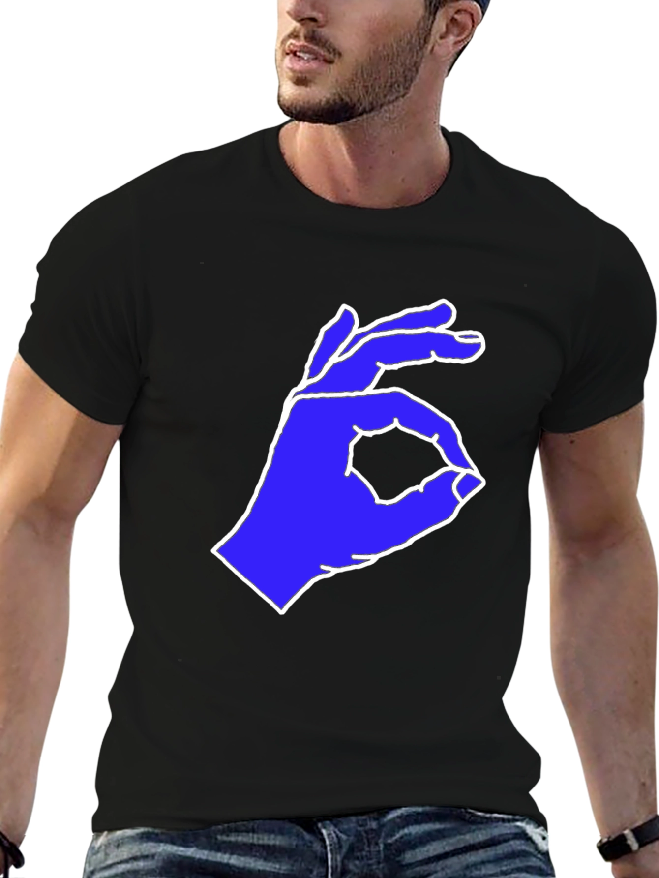 Black Black T-Shirt with Blue Hand Gesture Graphic view 6