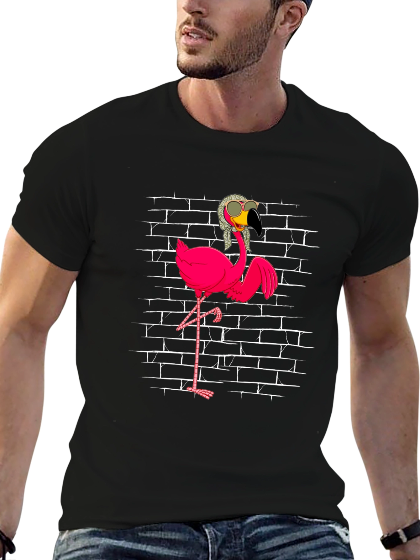 Black Flamingo with Shades T-Shirt - Black view 6