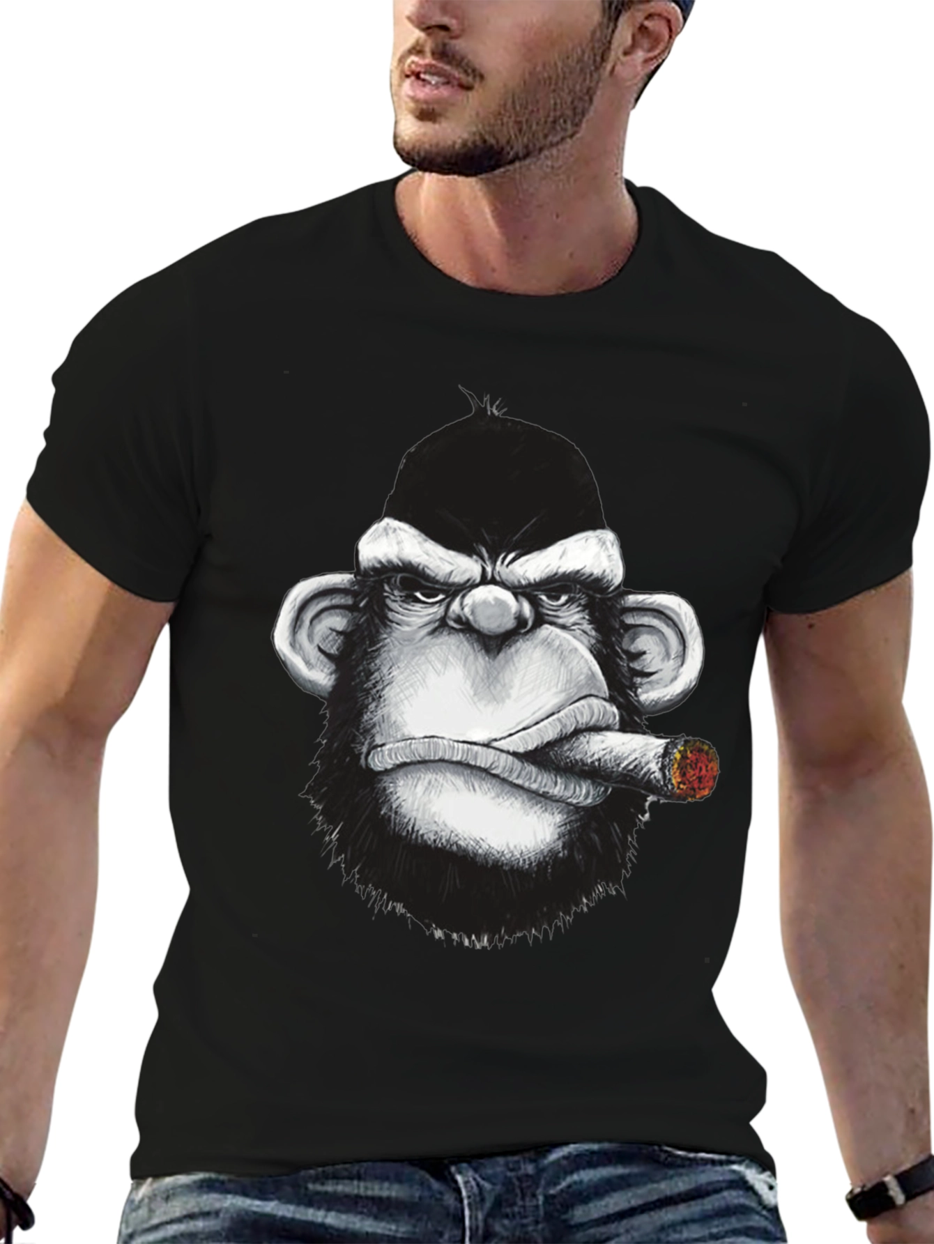 Black Cool Monkey Cigar Graphic Tee - Black Cotton view 6