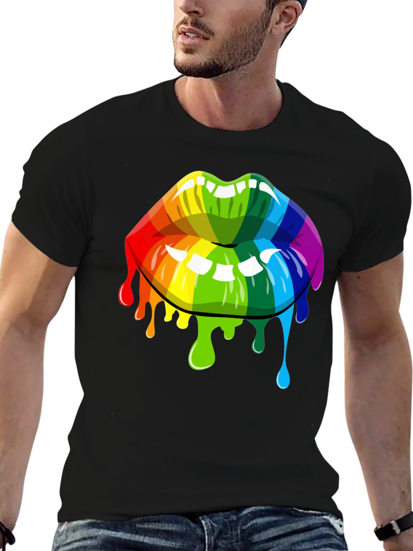 Black Rainbow Lips Graphic Tee - Unisex Black T-Shirt view 6