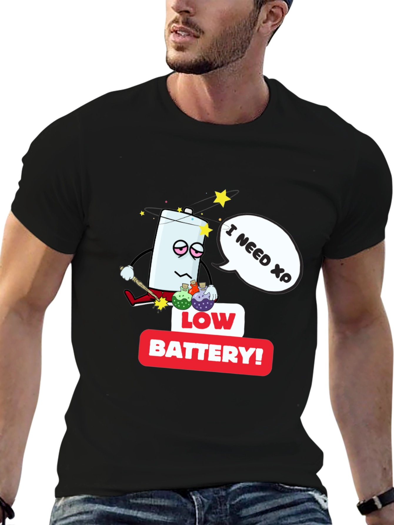 Black Low Battery XP Men's Black T-Shirt view 6