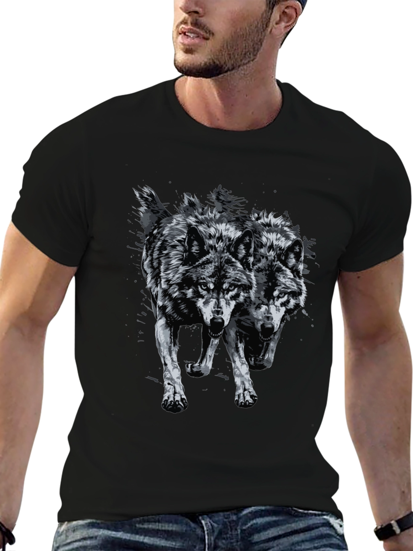 Black Two Wolves Graphic Print Tee view 6
