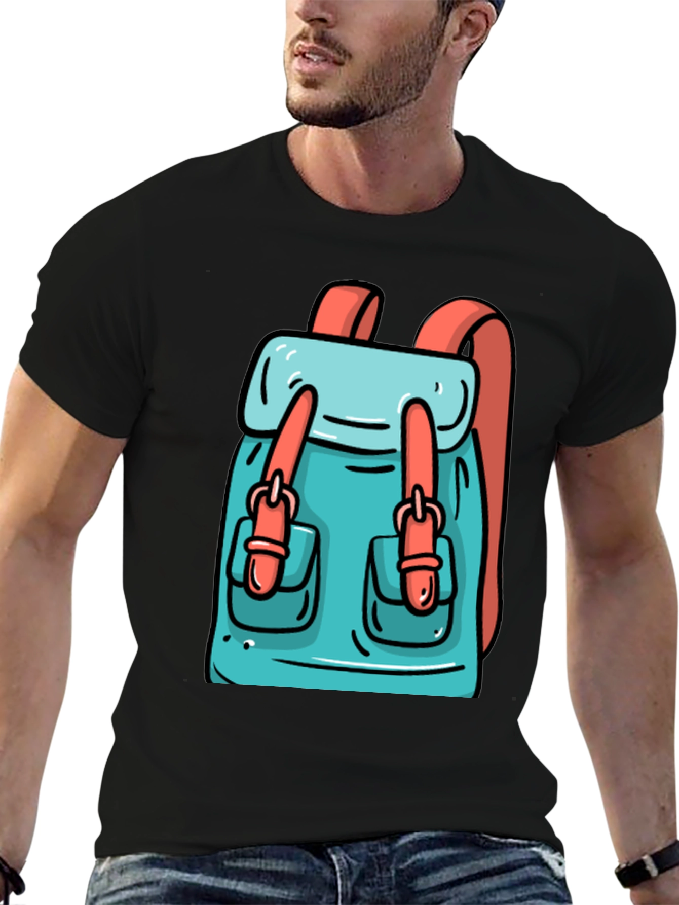 Black Backpack Cartoon Graphic Black T-Shirt view 6