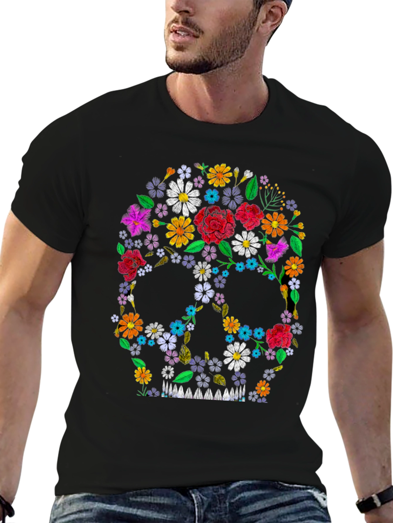 Black Floral Skull Graphic Tee - Black view 6