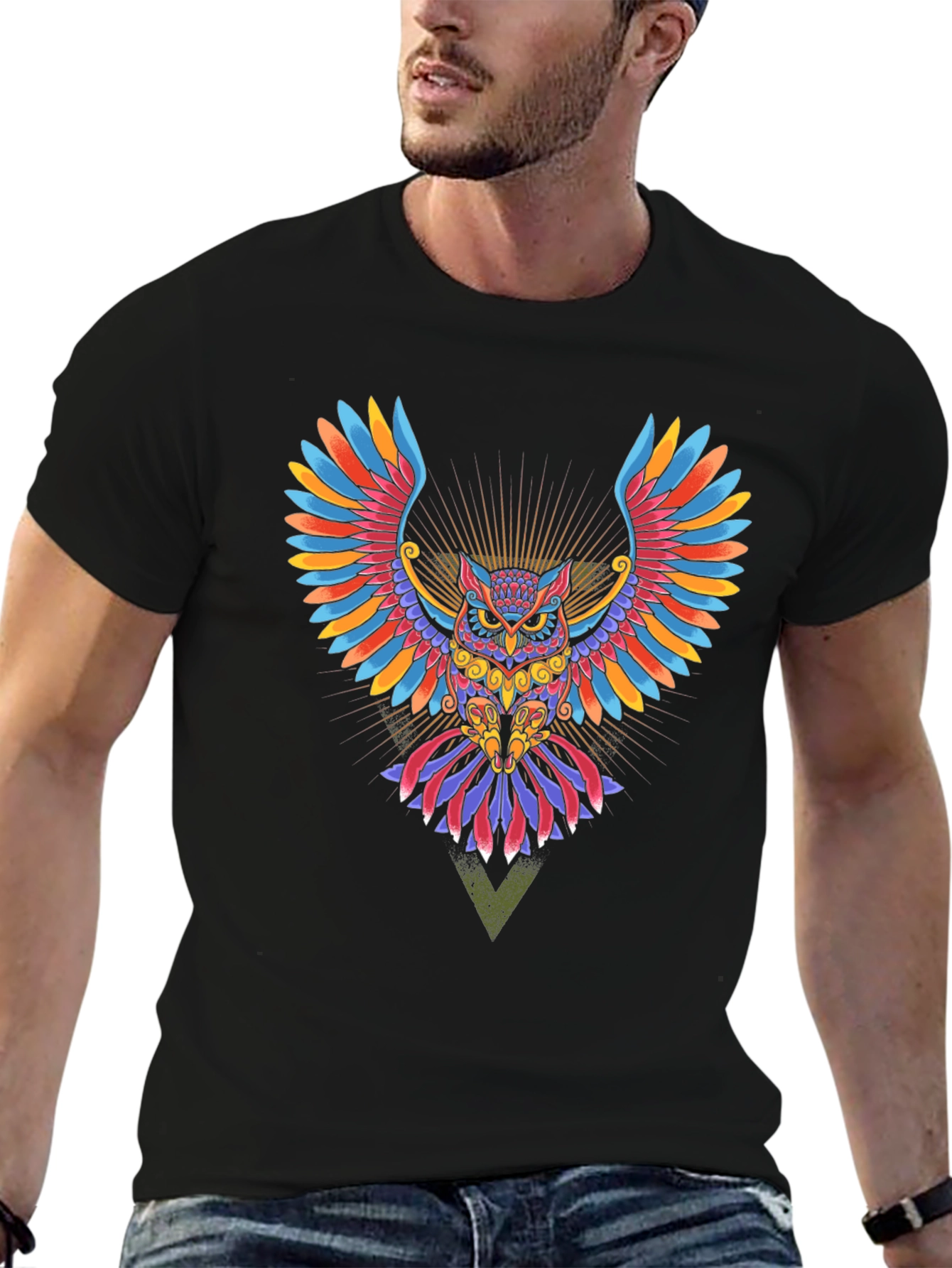 Black Colorful Owl Graphic Print Black T-Shirt view 6