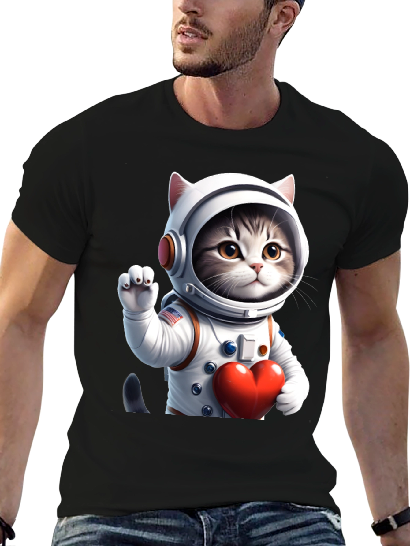 Black Cosmic Kitty T-Shirt - Astronaut Cat with Heart view 6