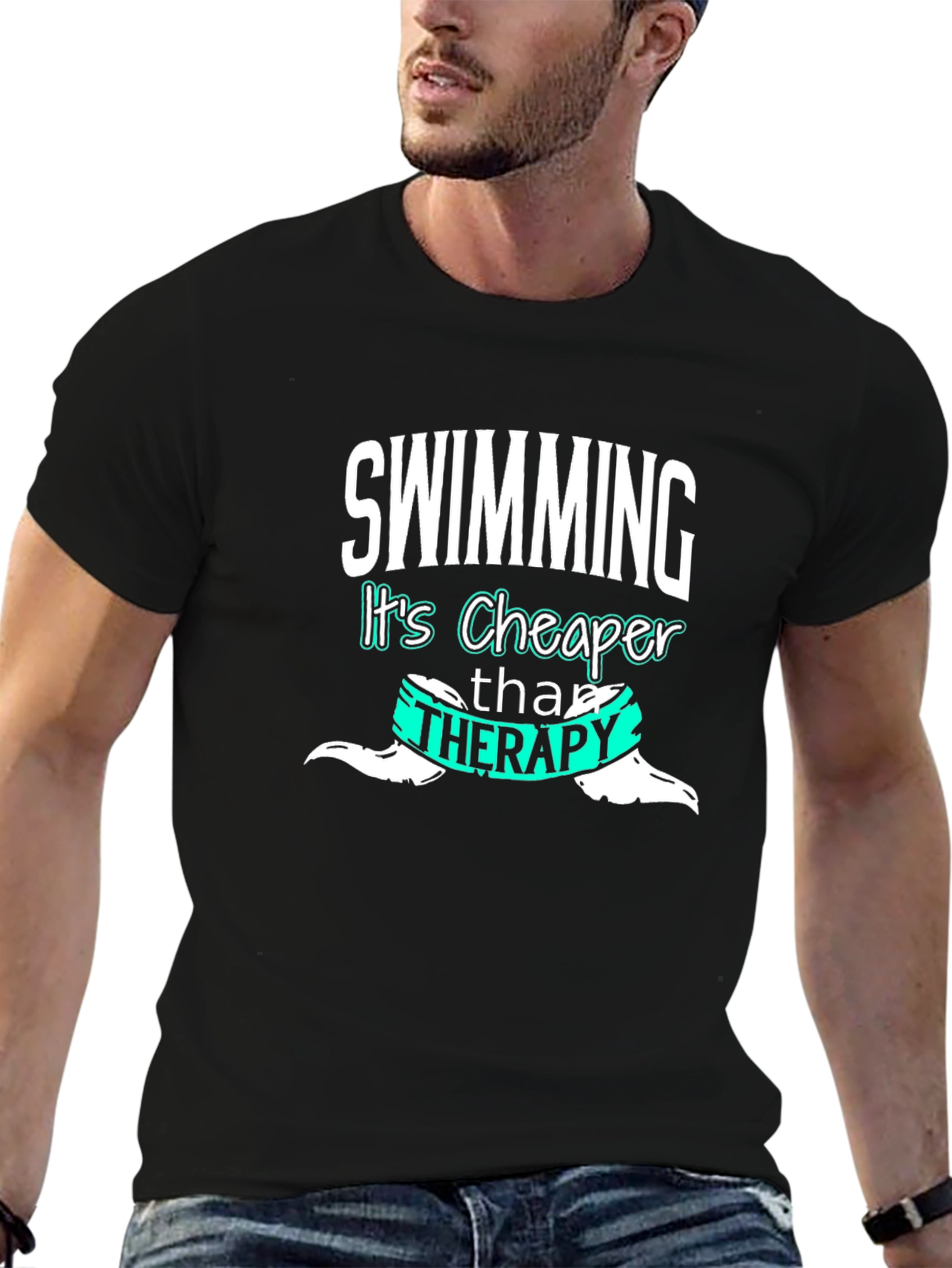 Black Swimming Cheaper Than Therapy Graphic Tee view 6