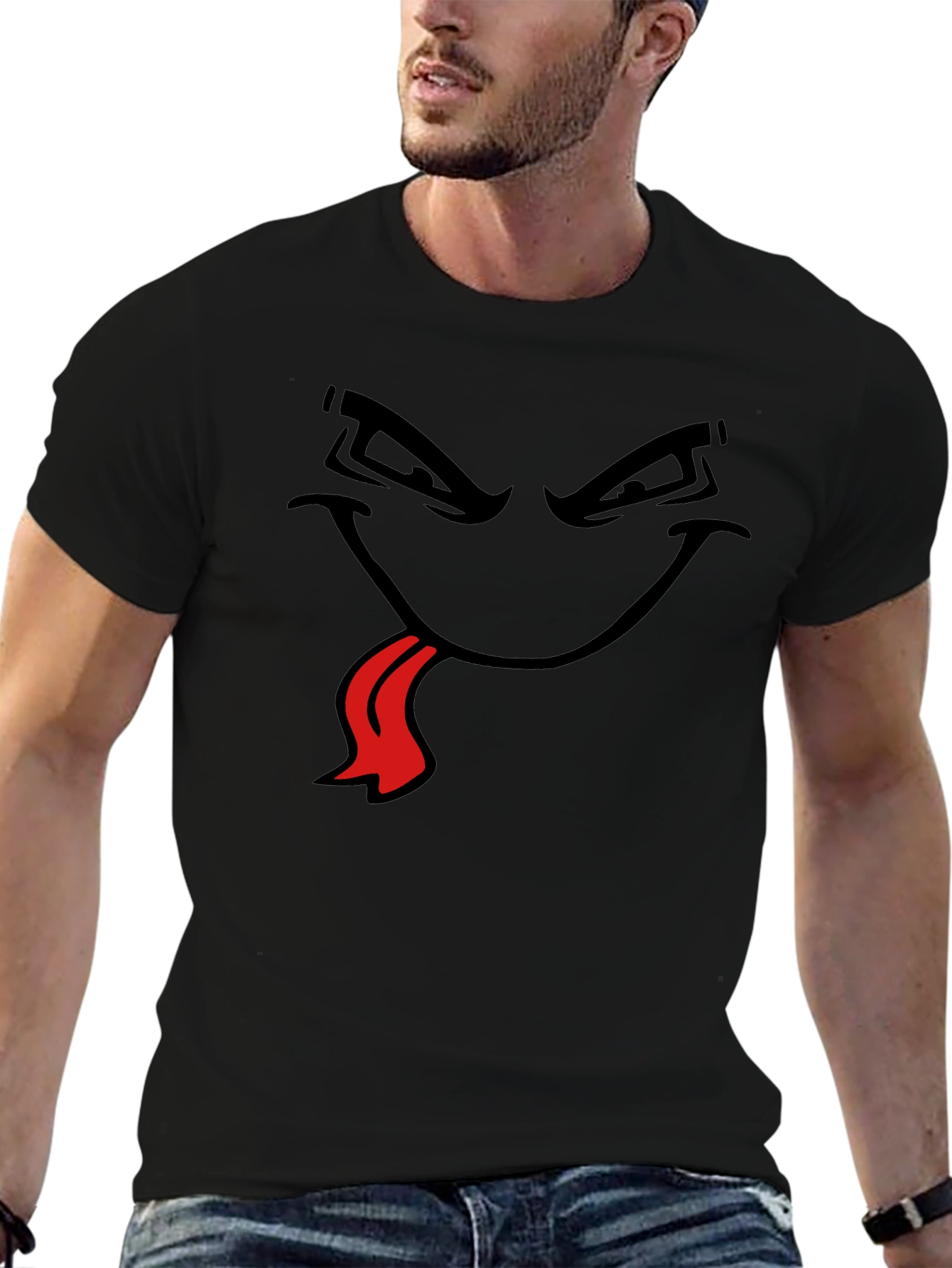 Black Men's Black T-Shirt with Cartoon Face view 6
