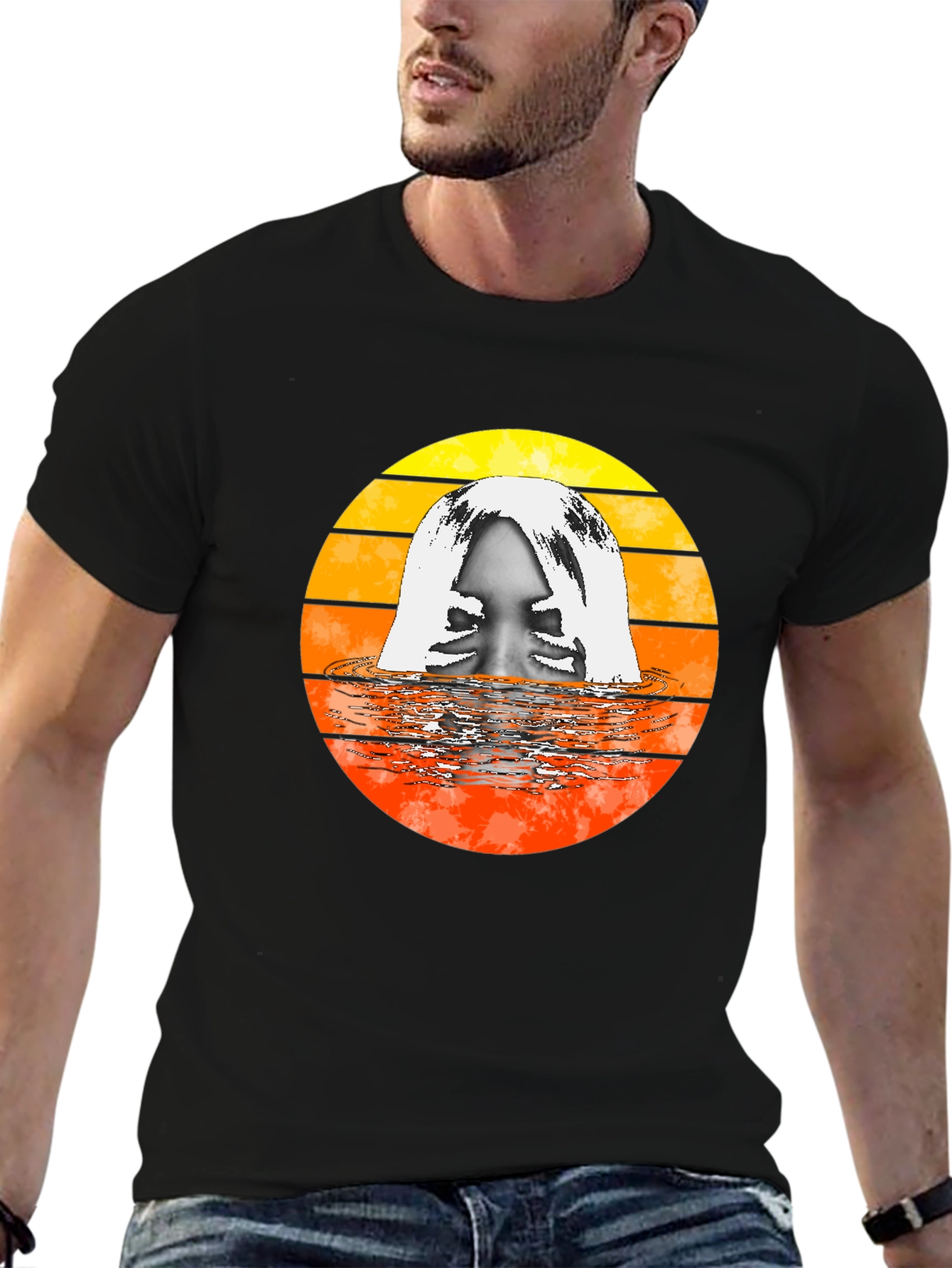 Black Retro Sunset Woman in Water Graphic T-Shirt view 6