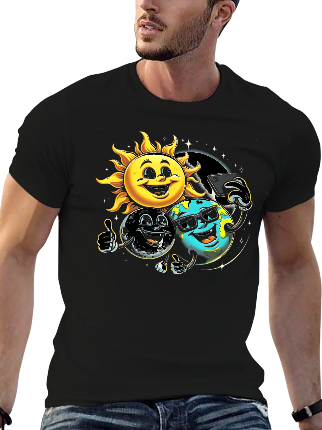 Black Cartoon Planet Selfie T-Shirt view 6