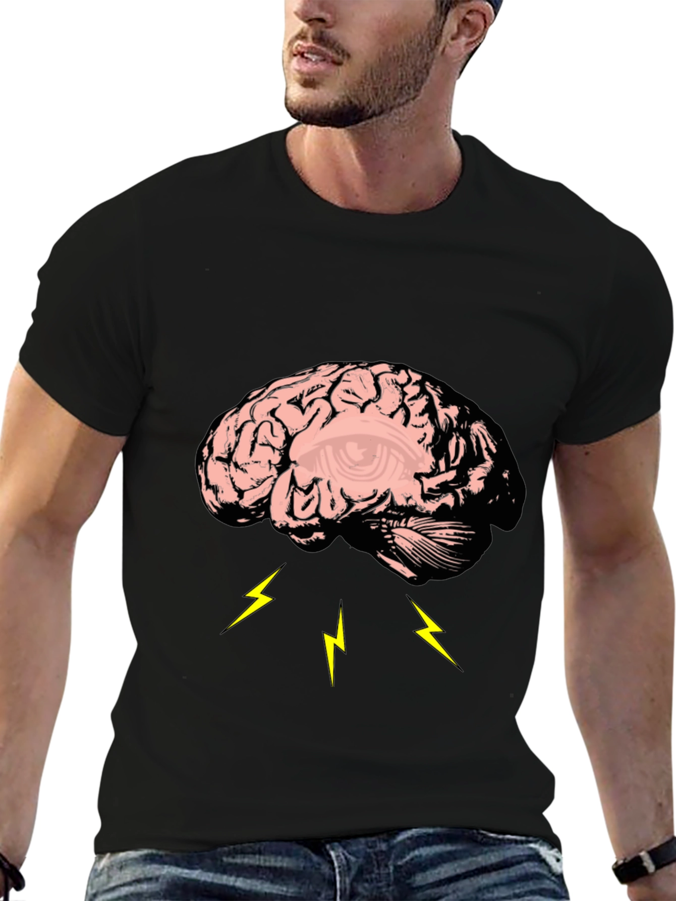 Brain Lightning Graphic Tee - Black Cotton T-Shirt - 6