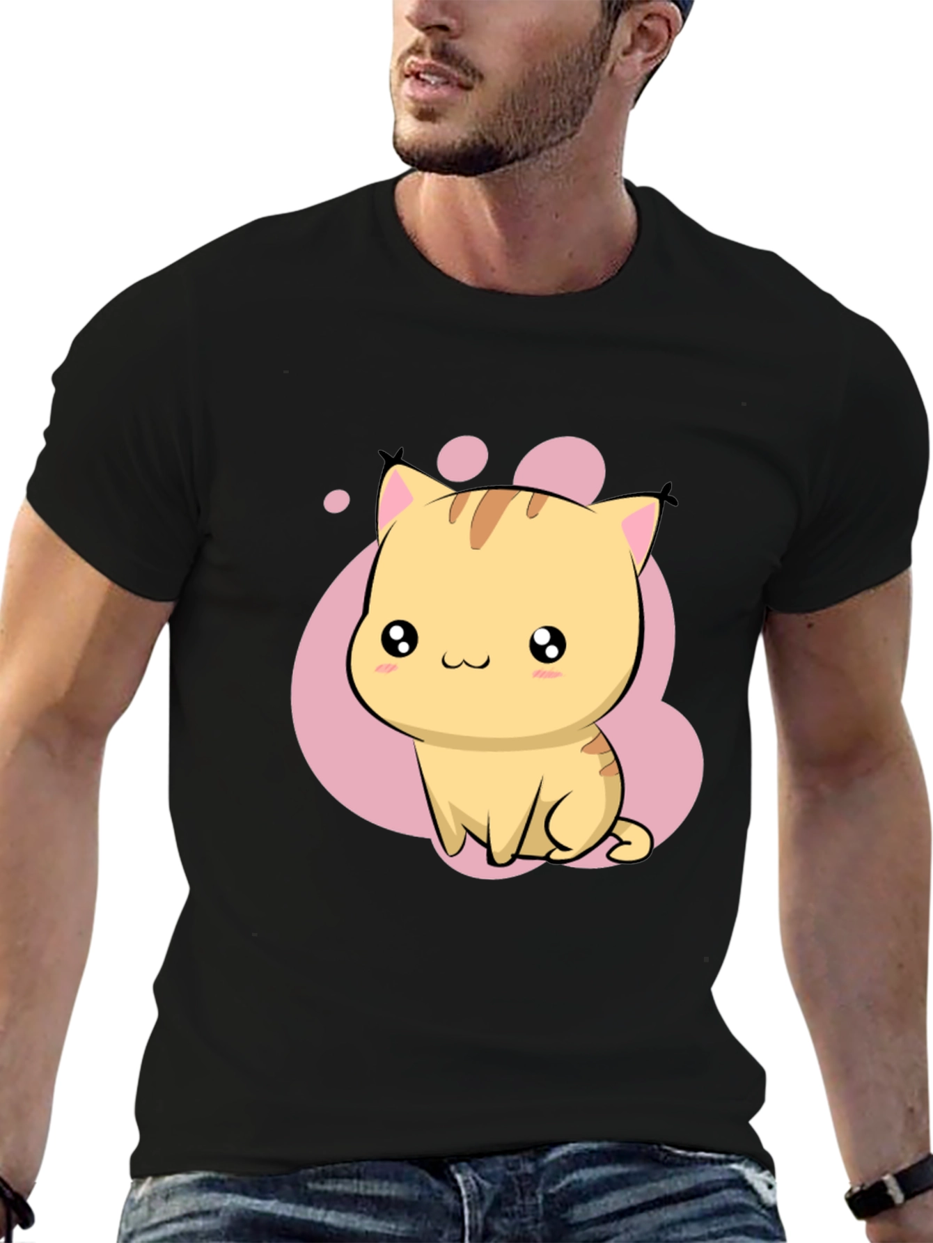 Black Cute Kawaii Cat Graphic Black T-Shirt view 6