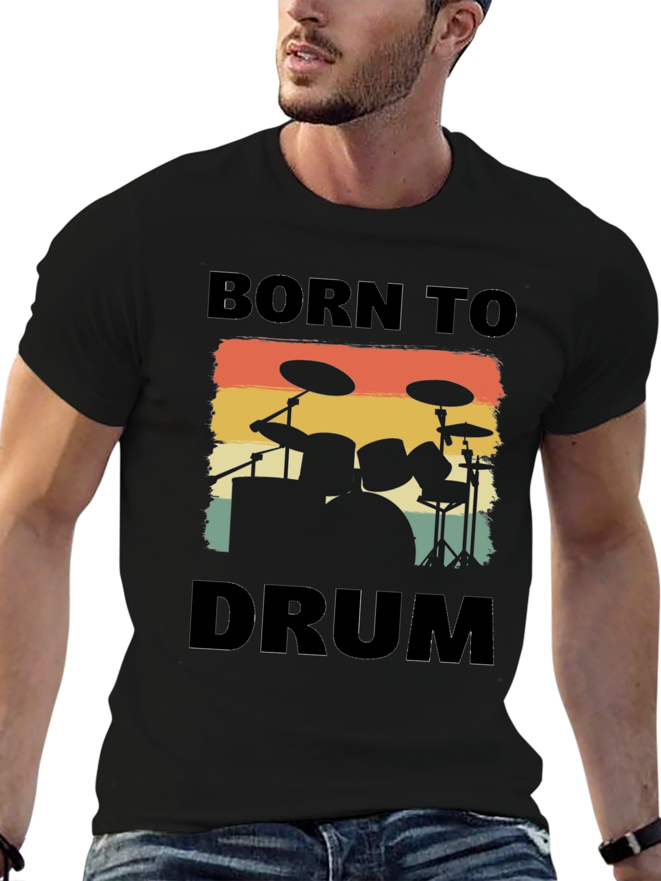 Black Born To Drum Tee - Retro Drumset Graphic T-Shirt view 6