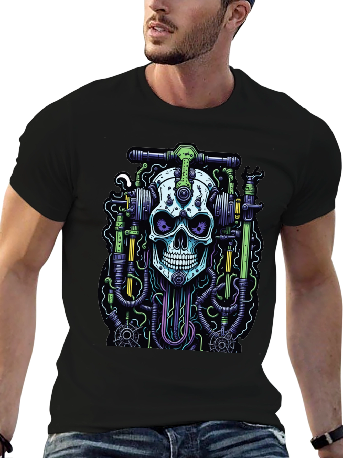 Black Skull Mechanic Graphic T-Shirt view 6