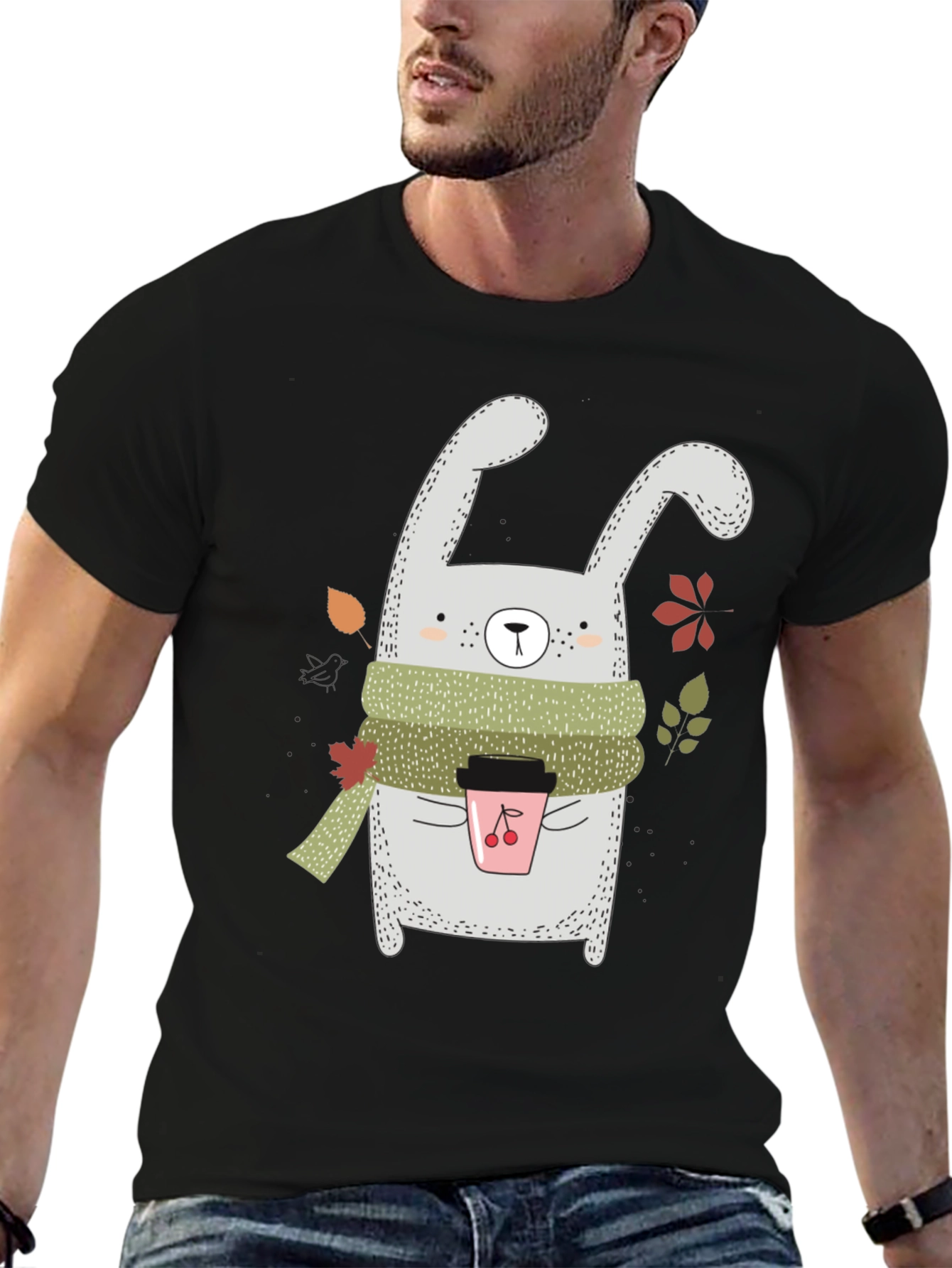 Black Cute Bunny with Coffee T-Shirt view 6