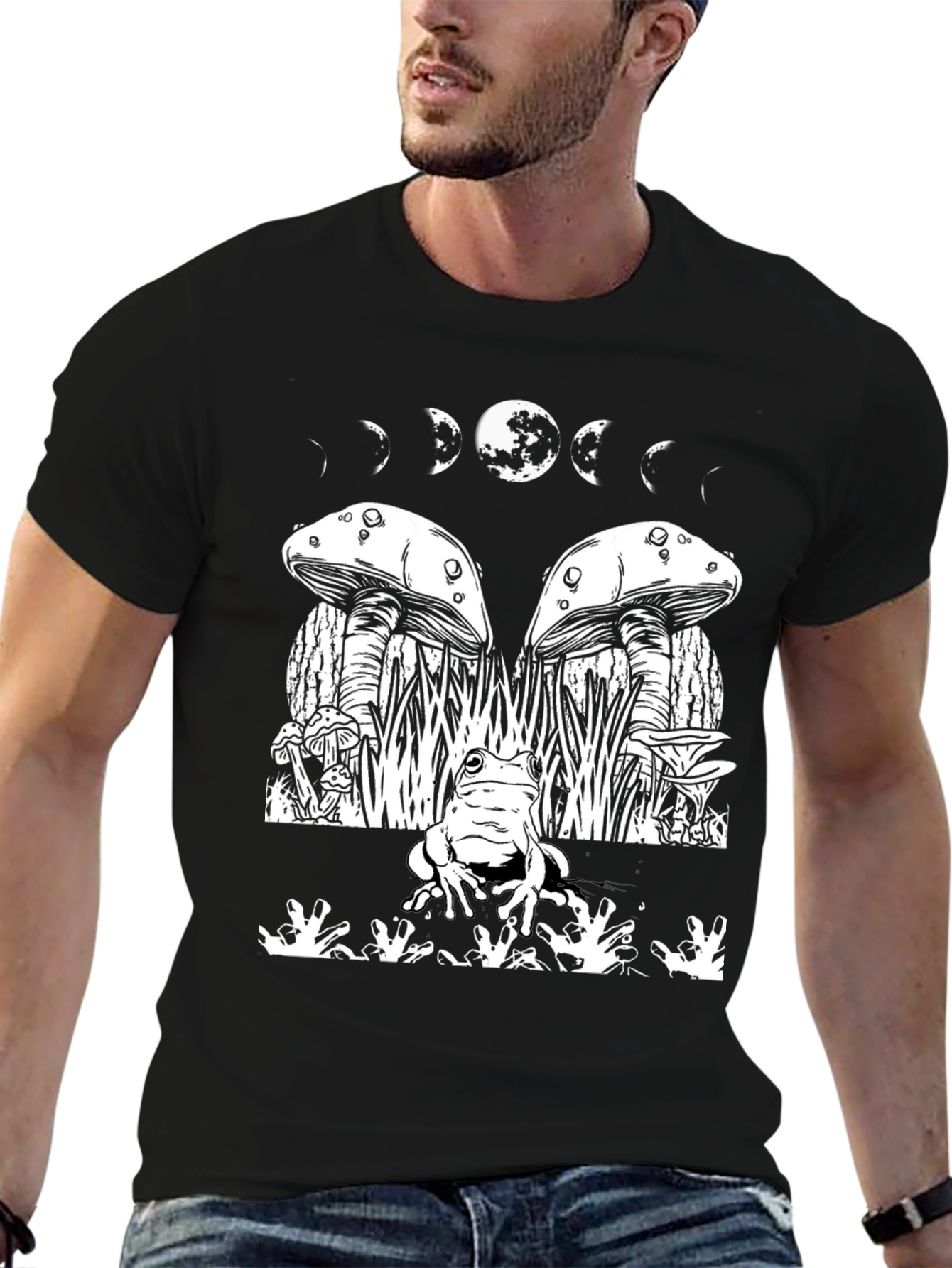 Black Mystic Frog Tee: Mushroom & Moon Phase Design view 6