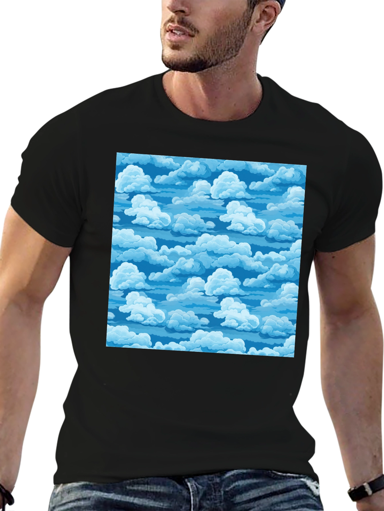 Black Sky Cloud Pattern Tee - Black Cotton Blend T-Shirt view 6