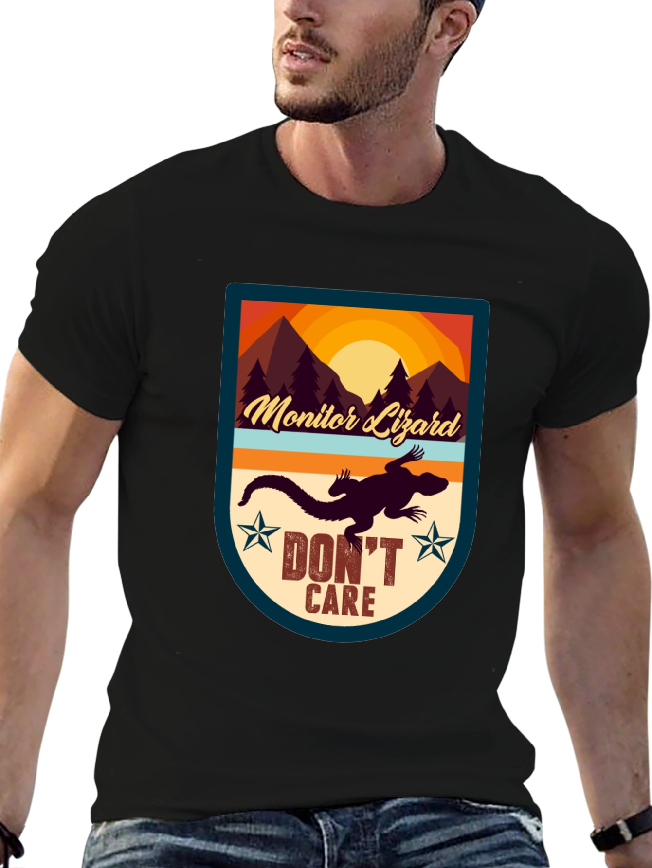 Black Monitor Lizard T-Shirt - "Don't Care" Graphic Tee view 6
