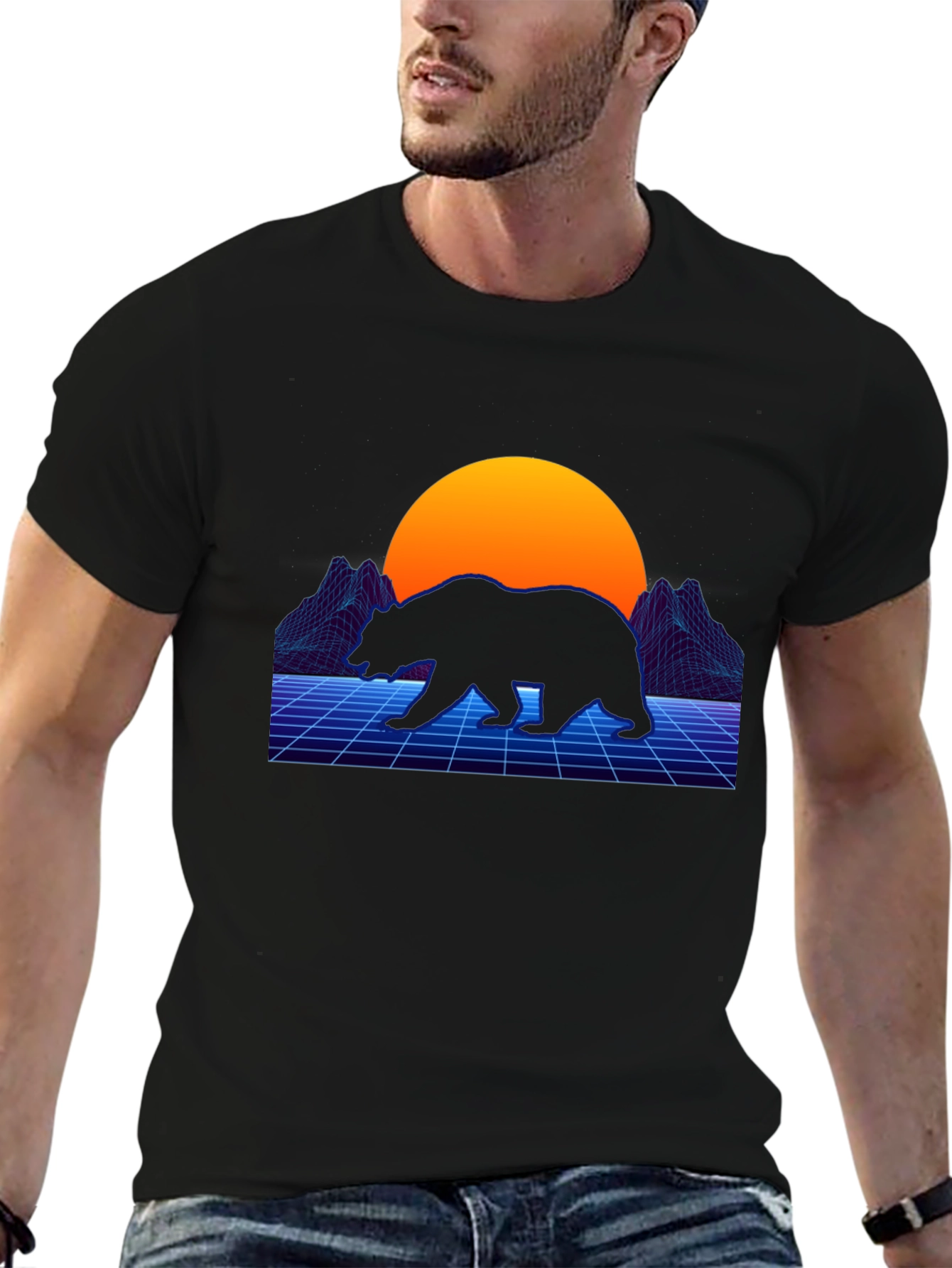 Black Retro Bear T-Shirt - Synthwave Style view 6
