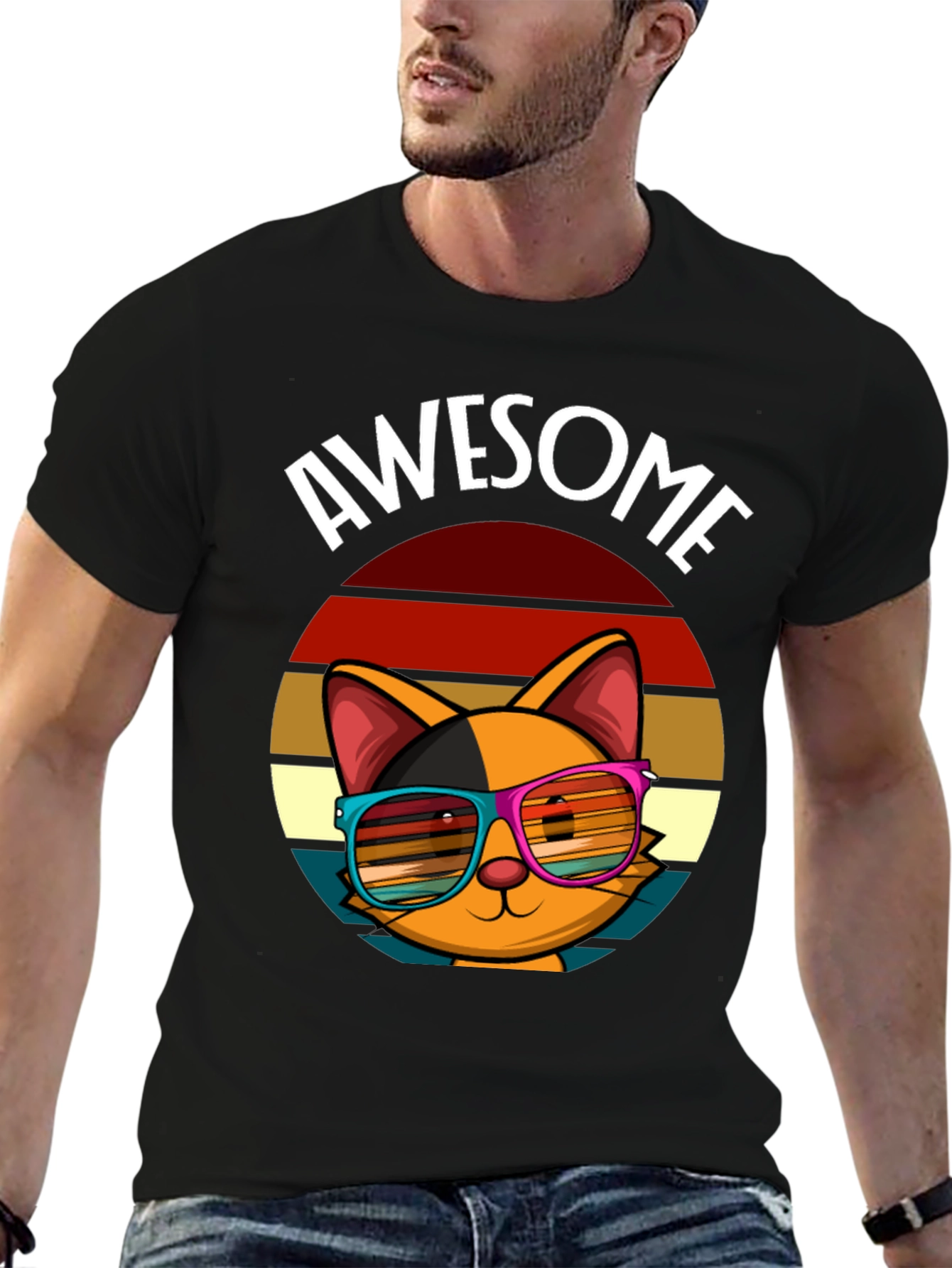 Black Awesome Cat T-Shirt with Retro Sunglasses view 6