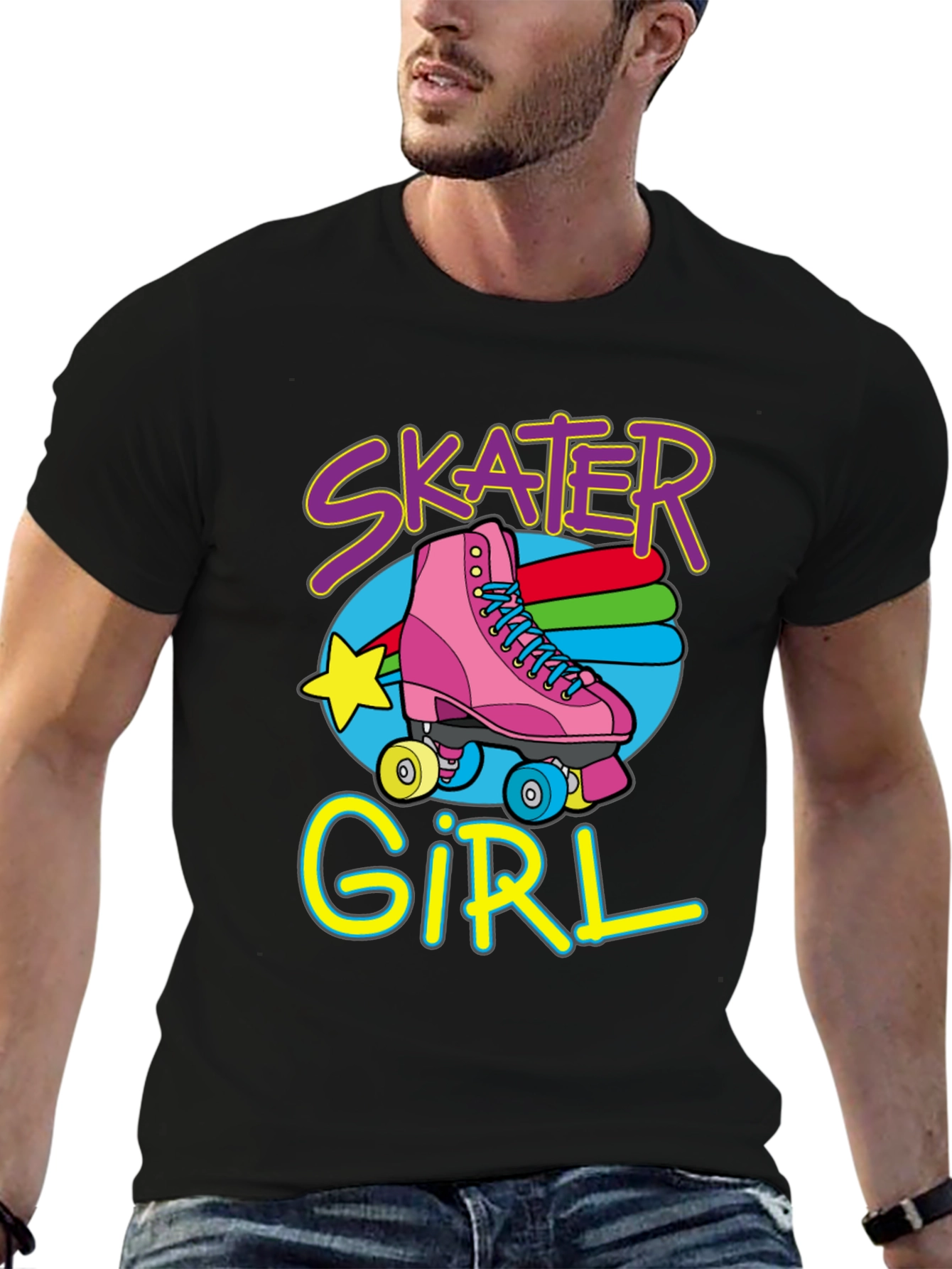 Black Skater Girl T-Shirt: Retro Roller Skate Design view 6