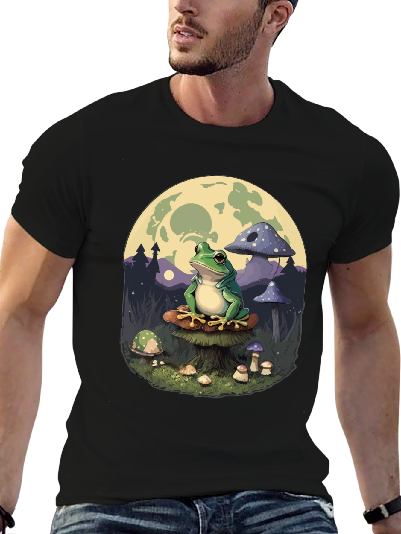 Black Frog on Mushroom T-Shirt - Whimsical Design view 6