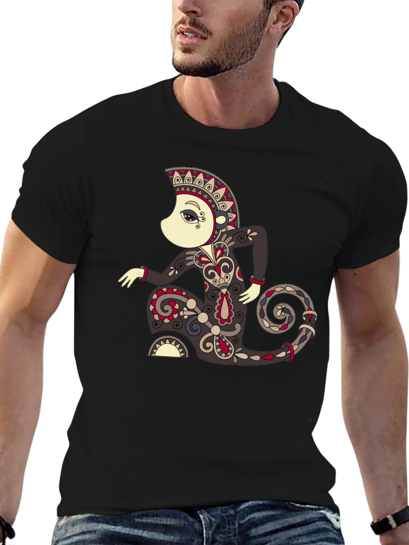 Black Unique Graphic Tee - Ornamental Figure Design view 6